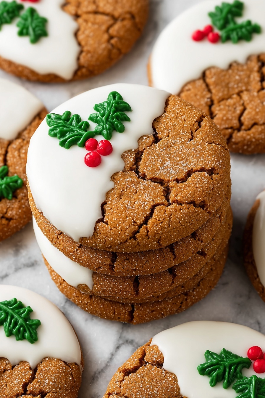 The image shows a pile of round ginger cookies with a cracked texture. Each cookie is half-covered with smooth white icing on the top side. On the white frosting, there are small green icing shapes that look like holly leaves and three small red icing dots that represent berries. The cookies are stacked closely together on a surface with a white marbled texture that appears under them. photo taken with an iphone --ar 2:3 --v 7 - White Chocolate Dipped Ginger Cookies, ginger cookie recipe, holiday cookies with white chocolate, spiced ginger cookies, easy ginger cookie baking