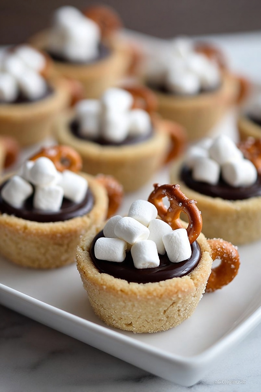 A woman's hand holds a small cookie cup shaped like a mug, with a light golden-brown outer layer that looks soft and crumbly. Inside the cookie cup is a dark, glossy chocolate filling that is smooth and shiny, topped with several small white mini marshmallows scattered softly on top. Attached to the side of the cookie cup is a small pretzel piece that mimics the handle of a mug, with a light brown color and a slightly rough texture. The background is a white marbled surface. photo taken with an iphone --ar 2:3 --v 7 - Hot Chocolate Cookie Cups, hot chocolate dessert, cookie cup recipes, cozy winter treats, chocolate ganache desserts