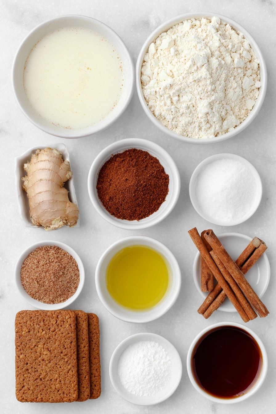 Flat lay of a small white bowl filled with creamy dairy-free soy milk, a small white bowl containing golden apple cider vinegar, a mound of pale self-raising flour on a white ceramic dish, a heap of fine white caster sugar in a simple white bowl, a neat pile of warm brown ground ginger, a small cluster of cinnamon sticks next to ground cinnamon powder in a white bowl, a white bowl with reddish-brown ground nutmeg, a small white bowl containing mixed aromatic spice powder, a small white bowl of white baking powder, a small white bowl with fine bicarbonate of soda, a small white bowl filled with vibrant yellow sunflower oil, a tiny white bowl holding thick blackstrap molasses, a block of pale creamy dairy-free butter on a white ceramic dish, a white bowl heaped with pure white icing sugar, a small white bowl of melted amber-colored Biscoff cookie butter, a few crisp gingerbread biscuits arranged neatly, a small white bowl of rich brown cocoa powder, all ingredients arranged in perfect symmetry on a clean white marble surface, soft natural light, photo taken with an iPhone, professional food photography style, fresh ingredients, white ceramic bowls, no bottles, no duplicates, no utensils, no packaging --ar 2:3 --v 7 --p m7354615311229779997 - Vegan Gingerbread Cake with Spiced Buttercream, vegan gingerbread cake, holiday gingerbread dessert, dairy-free gingerbread cake, spiced vegan cake