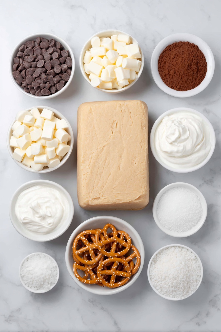 Flat lay of a small bowl of smooth semi-sweet chocolate chips, a small bowl of creamy white chocolate chips, a small bowl of fine hot cocoa powder, a small bowl of thick heavy whipping cream, a handful of fresh golden mini pretzels, a small mound of white mini marshmallow bits, a block of natural pale beige sugar cookie dough unwrapped and intact, all arranged symmetrically on simple white ceramic bowls and plates, placed on a clean white marble surface, soft natural light, photo taken with an iPhone, professional food photography style, fresh ingredients, white ceramic bowls, no bottles, no duplicates, no utensils, no packaging --ar 2:3 --v 7 --p m7354615311229779997 - Hot Chocolate Cookie Cups, hot chocolate dessert, cookie cup recipes, cozy winter treats, chocolate ganache desserts