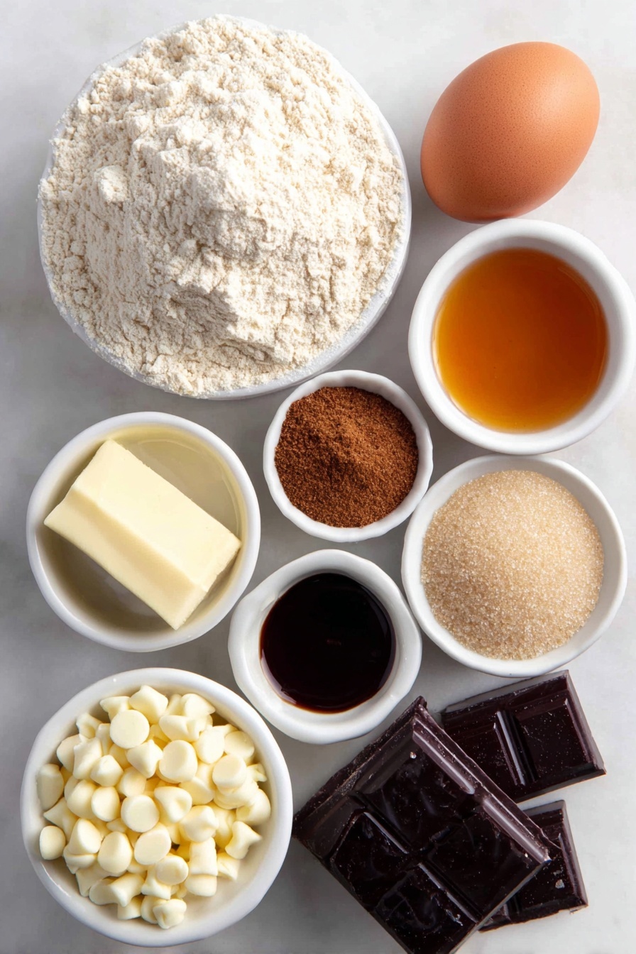 Flat lay of a small mound of all-purpose flour, a small heap of ground ginger, tiny piles of ground cinnamon, ground cloves, and ground nutmeg arranged symmetrically, a small pile of granulated sugar, a small pile of light brown sugar, a whole large brown egg with a clean shell, a small white ceramic bowl with golden molasses, a small white ceramic bowl with melted unsalted butter, a small white ceramic bowl with white chocolate chips, and a small white ceramic bowl with shortening, each ingredient fresh and natural, perfectly balanced and symmetrical, placed on a clean white marble surface, soft natural light, photo taken with an iPhone, professional food photography style, fresh ingredients, white ceramic bowls, no bottles, no duplicates, no utensils, no packaging --ar 2:3 --v 7 --p m7354615311229779997 - White Chocolate Dipped Ginger Cookies, ginger cookie recipe, holiday cookies with white chocolate, spiced ginger cookies, easy ginger cookie baking