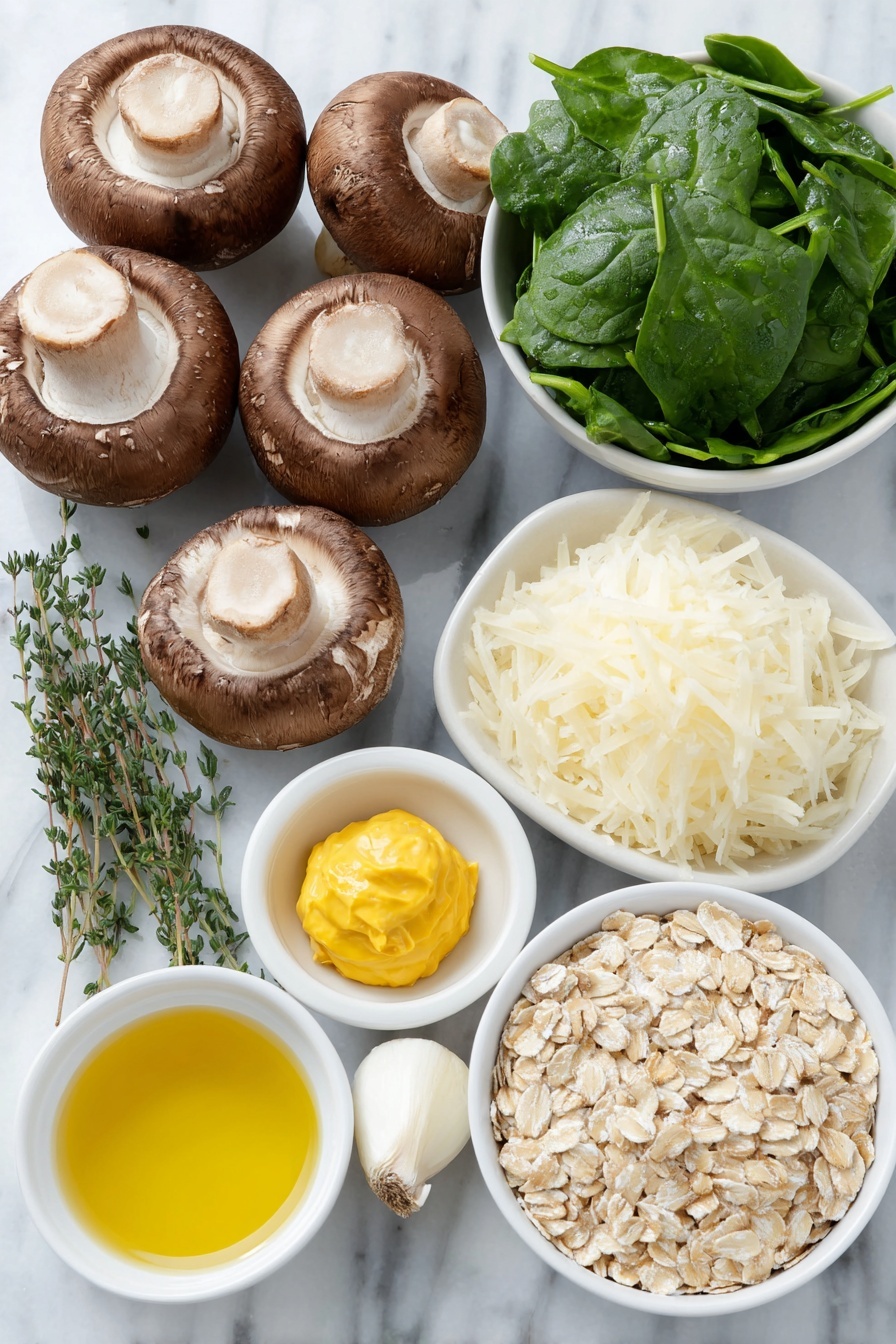 Flat lay of fresh whole brown mushrooms, a small mound of cooked white rice, a small white ceramic bowl with golden olive oil, a peeled large yellow onion roughly chopped, four uncracked clean brown garlic cloves, a small pile of fresh bright green baby spinach leaves, a small white ceramic bowl of smooth yellow mustard, a few twigs of fresh green thyme, a small heap of chopped walnuts, a small white ceramic bowl with finely grated vegan parmesan cheese, a small white ceramic bowl filled with light beige fine oats, a white ceramic plate holding a single sheet of smooth vegan puff pastry, and a small white ceramic bowl containing creamy pale plant-based soy milk mixed with a pinch of turmeric powder, all arranged in perfect symmetry and realistic proportions, placed on a clean white marble surface, soft natural light, photo taken with an iPhone, professional food photography style, fresh ingredients, white ceramic bowls, no bottles, no duplicates, no utensils, no packaging --ar 2:3 --v 7 --p m7354615311229779997 - Vegan Mushroom Wellington, plant-based mushroom Wellington, vegan savory pastry, mushroom Wellington recipe, vegan holiday dinner