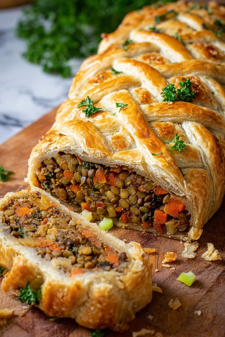 The image shows a golden brown pastry with a crisscross pattern on top, filled with a rich mixture of lentils, diced carrots, celery, and leafy greens. The pastry is baked to a flaky, crisp texture with crumbs scattered around. A slice of the pastry is cut and laid in the foreground on a wooden board, revealing the layered filling inside, which has earthy tones of brown, orange, and green. A woman's hand holding a fork is lifting a bite from the slice. Some small pieces of celery and carrots are scattered on the wooden board, and the background shows a soft cloth with greens blurred behind. The photo taken with an iphone --ar 2:3 --v 7 - Vegan Lentil Wellington, vegan savory pastry, plant-based Wellington, vegan holiday dinner, vegetarian Lentil Wellington