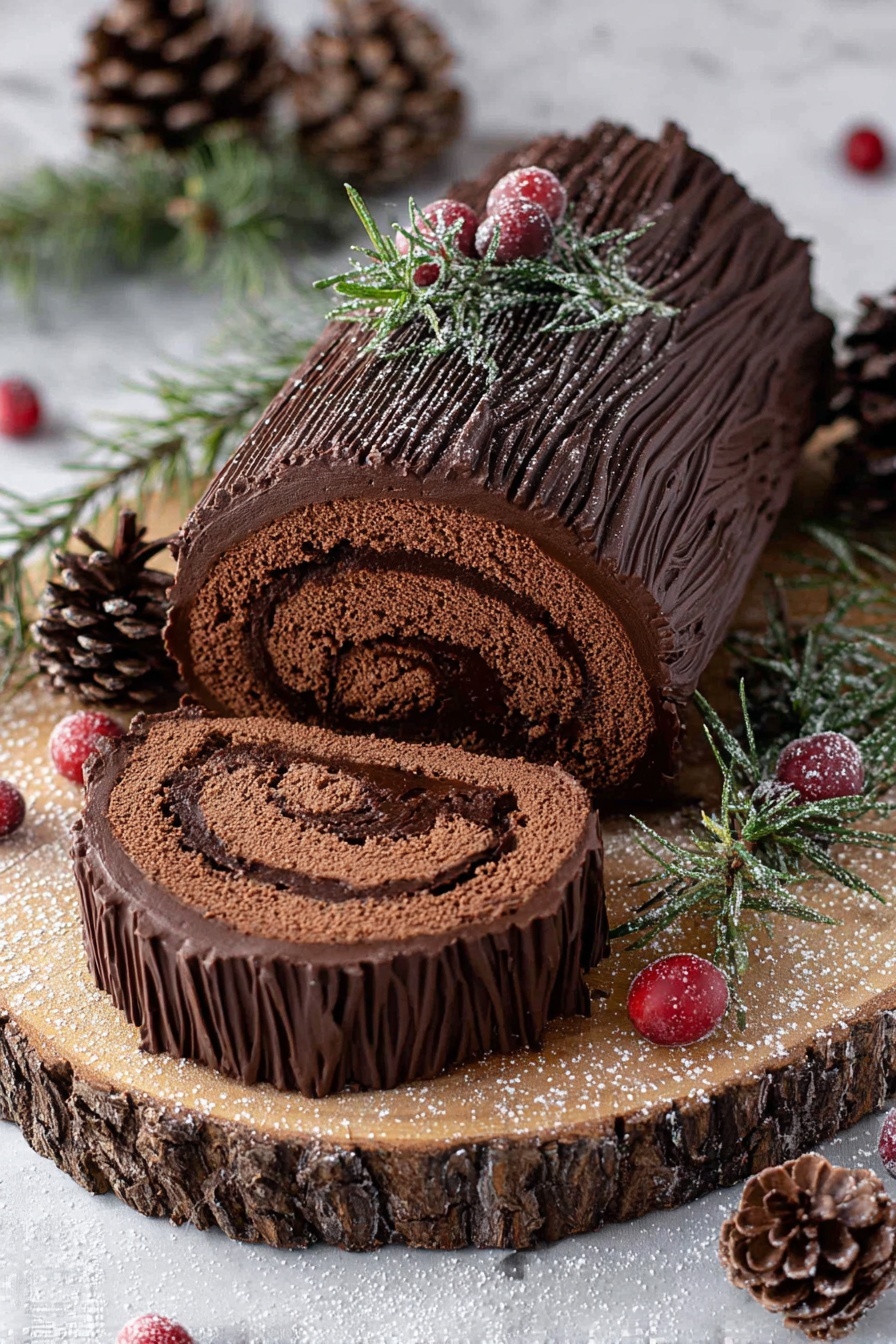 The image shows a chocolate yule log cake placed on a round wooden board with tree bark edges, resting on a white marbled surface. The cake has two visible layers: a smooth, dark brown rolled cake layer spiraled tightly in the front, and a thick, textured chocolate frosting layer on top and around, decorated with grooming lines to mimic tree bark. A smaller log piece is attached to the side, covered with the same textured frosting. Fresh green rosemary sprigs and bright red cranberries are arranged around and on top of the cake, some cranberries dusted lightly with powdered sugar, along with a few frosted pinecones scattered around the board. In the blurred background, warm yellow string lights create a cozy, festive atmosphere. Photo taken with an iphone --ar 2:3 --v 7 - Vegan Chocolate Yule Log, Vegan Chocolate Yule Log Recipe, Plant-Based Chocolate Yule Log, Vegan Christmas Cake, Dairy-Free Chocolate Yule Log