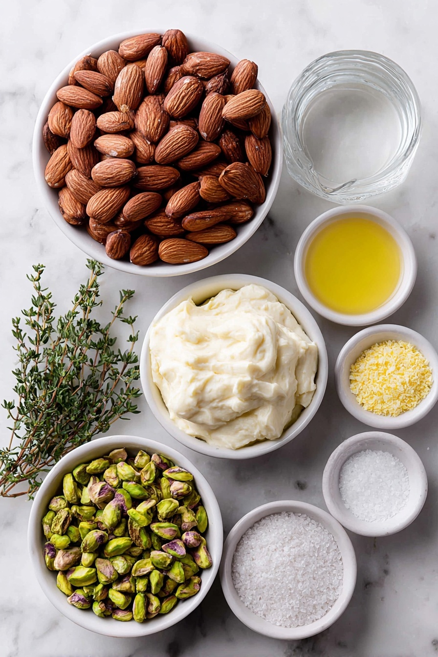 Flat lay of soaked whole almonds with skins intact, a small white ceramic bowl of smooth cashew cream cheese, a small white bowl filled with crushed vibrant green pistachios, fresh bright green chopped chives, fresh thyme sprigs with small green leaves, a small white bowl containing clear water, a small white bowl of freshly squeezed lemon juice with visible pulp, a small white bowl of white miso paste with soft texture, a small white bowl of golden nutritional yeast flakes, a small white bowl of fine white garlic powder, a small white bowl of coarse white salt, all arranged symmetrically on a clean white marble surface, soft natural light, photo taken with an iPhone, professional food photography style, fresh ingredients, white ceramic bowls, no bottles, no duplicates, no utensils, no packaging --ar 2:3 --v 7 --p m7354615311229779997 - Vegan Herb Cheese Ball, vegan appetizer, dairy-free cheese ball, party vegan snacks, creamy herb cheese ball