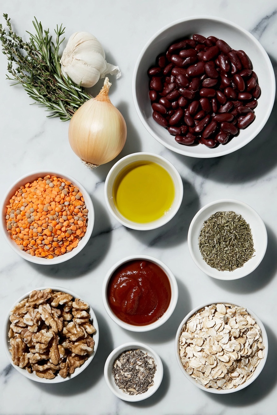 Flat lay of dried green lentils in a small mound, a small white bowl with golden vegetable oil, a whole yellow onion with smooth skin, four whole uncracked brown garlic bulbs, rolled oats in a neat pile, flax seeds scattered slightly, a simple white bowl filled with deep red kidney beans rinsed and drained, whole walnut halves arranged evenly, raw sunflower seeds spread in a small cluster, freshly grated bright orange carrots in a mound, finely chopped brown mushrooms in a small white bowl, fresh sprigs of green thyme, sprigs of fresh rosemary, vibrant chopped parsley, a small white bowl with smooth deep red tomato paste, a small white bowl with bright yellow mustard, a small white bowl with dark soy sauce, a small white bowl holding bright red paprika powder, a small white bowl containing mixed salt and black peppercorns, a small white bowl with glossy preserved cranberries, a small white bowl with thick red tomato ketchup placed on a clean white marble surface, soft natural light, photo taken with an iPhone, professional food photography style, fresh ingredients, white ceramic bowls, no bottles, no duplicates, no utensils, no packaging --ar 2:3 --v 7 --p m7354615311229779997 - Vegan Lentil Meatloaf with Cranberry Glaze, plant-based lentil meatloaf, vegan comfort food recipes, hearty vegan dinner ideas, cranberry glaze vegan loaf
