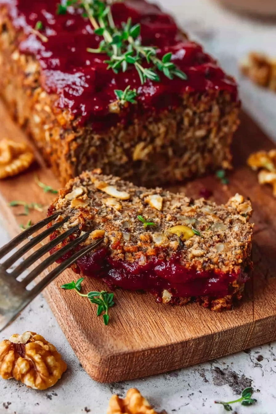 The image shows a close-up of a sliced nut loaf on a wooden board set on a white marbled surface. The loaf has two main layers: the bottom layer is thick and textured with visible chunks of nuts and grains in a golden brown color. The top layer is a glossy deep red sauce spread evenly. Sprigs of green herbs decorate the loaf, adding a fresh touch. A fork is holding a slice of the loaf at the front, and pieces of walnuts are scattered beside it. The photo is taken with an iphone --ar 2:3 --v 7 - Vegan Lentil Meatloaf with Cranberry Glaze, plant-based lentil meatloaf, vegan comfort food recipes, hearty vegan dinner ideas, cranberry glaze vegan loaf