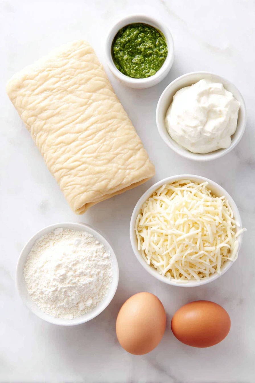 Flat lay of a sheet of fresh, golden puff pastry dough neatly rolled out on a simple white ceramic plate, a small white bowl filled with vibrant green basil pesto, another small white bowl containing smooth, creamy white cream cheese, a third small white bowl with a generous handful of shredded pale yellow cheese, and two whole brown eggs with clean shells, all arranged in perfect symmetry and balanced proportions, placed on a clean white marble surface, soft natural light, photo taken with an iPhone, professional food photography style, fresh ingredients, white ceramic bowls, no bottles, no duplicates, no utensils, no packaging --ar 2:3 --v 7 --p m7354615311229779997 - Pesto Puff Pastry Christmas Trees, Christmas appetizer recipes, holiday puff pastry snacks, festive party appetizers, easy Christmas party treats