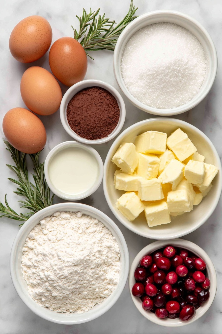 Flat lay of large whole brown eggs with smooth clean shells, a small white ceramic bowl of granulated sugar, a small white ceramic bowl of all-purpose flour, a small white ceramic bowl of cocoa powder, a small white ceramic bowl of baking powder, a small white ceramic bowl of salt, a small white ceramic bowl of vanilla extract, a small white ceramic bowl of heavy cream, a small white ceramic bowl of powdered sugar, a small white ceramic bowl of unsalted butter chunks, a small white ceramic bowl of milk or cream, fresh bright red cranberries, delicate edible meringue mushrooms, fresh green sprigs of rosemary, all arranged symmetrically with realistic proportions on a clean white marble surface, soft natural light, photo taken with an iPhone, professional food photography style, fresh ingredients, white ceramic bowls, no bottles, no duplicates, no utensils, no packaging --ar 2:3 --v 7 --p m7354615311229779997 - Festive Chocolate Yule Log Cake, holiday chocolate cake, Christmas Yule Log, French Yule Log recipe, festive chocolate dessert