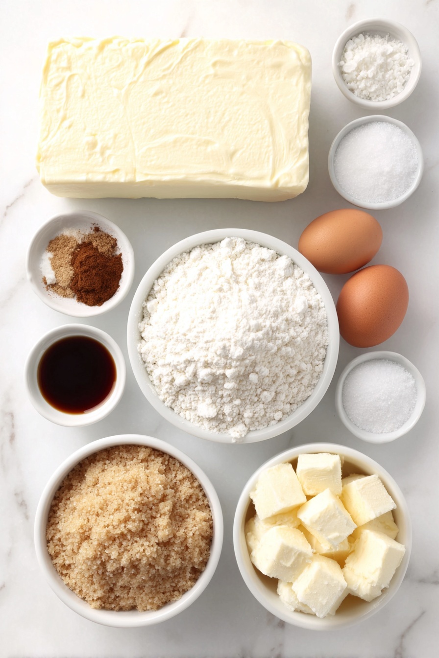 Flat lay of a small block of cold cream cheese, a small white ceramic bowl filled with granulated white sugar, a small white ceramic bowl containing ground ginger, ground cinnamon, ground allspice, ground nutmeg, and ground cloves mixed together, a mound of all-purpose flour, a small white ceramic bowl with baking soda and salt beside it, a chunk of softened unsalted butter, a heap of packed light brown sugar, two whole uncracked brown egg yolks, a small white ceramic bowl of dark unsulphured molasses, and a small white ceramic bowl with clear vanilla extract, arranged symmetrically on a clean white marble surface, soft natural light, photo taken with an iPhone, professional food photography style, fresh ingredients, white ceramic bowls, no bottles, no duplicates, no utensils, no packaging --ar 2:3 --v 7 --p m7354615311229779997 - Gingerbread Cheesecake Cookies, holiday cookies with gingerbread and cheesecake, festive cookie recipes, easy gingerbread cookies, creamy cheesecake cookies