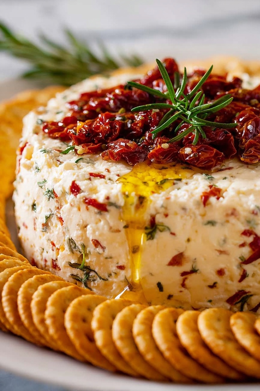 The image shows a thick, round layer of creamy cheese mixed with bits of herbs and red peppers. On top, there is a layer of oily, glossy sun-dried tomatoes garnished with fresh rosemary sprigs. A golden stream of oil is dripping down the side from the top layer onto the cheese. Around the cheese, there is a ring of round, golden, crispy crackers arranged in a curved line. The dish is set on a white plate, placed on a white marbled surface. photo taken with an iphone --ar 2:3 --v 7 - Italian Cheese Loaf Appetizer, Italian cheese appetizer, cheese loaf dip, cheesy Italian appetizer, holiday appetizer recipes
