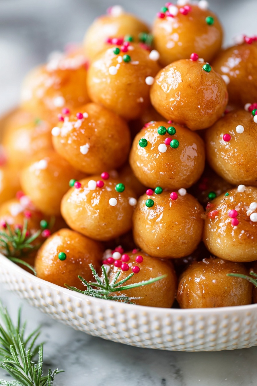 This image shows a close-up of many small, round, golden brown dough balls stacked together in a white bowl with a textured design. The dough balls are shiny with a sticky glaze and topped with small, colorful sprinkles in red, white, green, and pink, including tiny green holly-shaped sprinkles. Around the bowl, there are some green rosemary sprigs with a light dusting of sugar. The background is a white marbled texture. photo taken with an iphone --ar 2:3 --v 7 - Italian Honey Balls Struffoli, traditional Italian desserts, holiday Italian sweets, easy Struffoli recipe, Italian Christmas treats