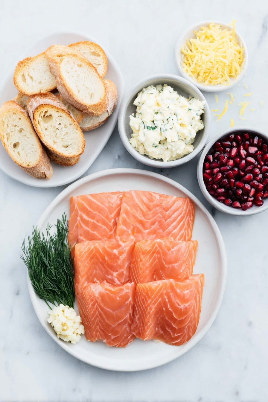 Flat lay of thinly sliced smoked salmon arranged delicately, a single peeled garlic clove minced, a small mound of softened cream cheese in a white ceramic bowl, fresh dill sprigs finely chopped, a simple white ceramic plate holding several toasted baguette slices cut into bite-sized rounds, a small white bowl with bright lemon zest shreds, a small white bowl filled with ruby-red pomegranate arils, placed on a clean white marble surface, soft natural light, photo taken with an iPhone, professional food photography style, fresh ingredients, white ceramic bowls, no bottles, no duplicates, no utensils, no packaging --ar 2:3 --v 7 --p m7354615311229779997 - Smoked Salmon Bruschetta Wreath, festive appetizer ideas, holiday appetizer recipes, easy smoked salmon appetizers, elegant party starters