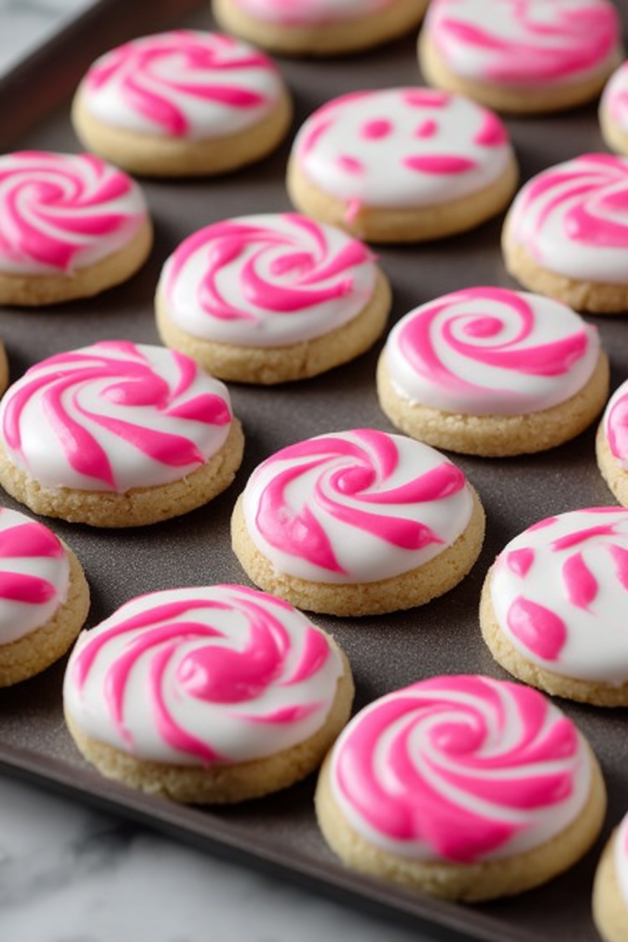 The image shows many round cookies with white and pink swirl patterns on top, resembling peppermint candies. Each cookie is wrapped in clear plastic, twisted at both sides, and tied with red and white striped string, making them look like candies. The cookies are placed on a smooth, plain green background. The swirl patterns on the cookie tops vary between solid pink curved shapes and thin pink spirals, all on a smooth white icing base. photo taken with an iphone --ar 2:3 --v 7 - Peppermint Sugar Cookies, festive holiday cookies, mint-flavored cookies, buttery sugar cookies, easy peppermint cookies