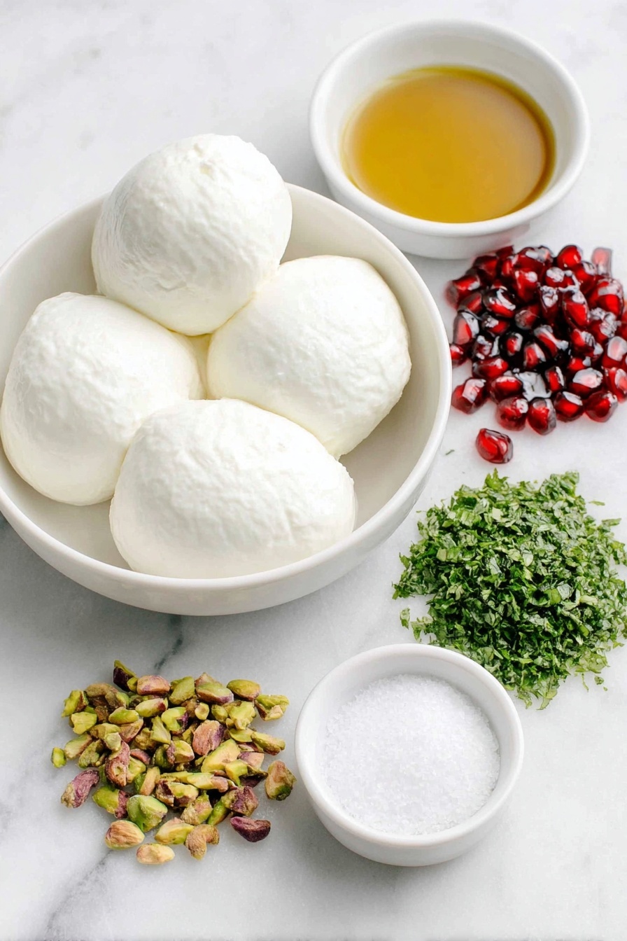 Flat lay of a few fresh burrata balls with soft white rinds, a handful of glossy ruby red pomegranate seeds scattered nearby, a small pile of roughly chopped green pistachios, a small mound of finely chopped vibrant green fresh mint leaves, a small white ceramic bowl filled with golden extra-virgin olive oil, another small white bowl holding thick dark balsamic glaze, and a tiny white bowl containing flaky sea salt crystals, all arranged with perfect symmetry and realistic proportions on a clean white marble surface, soft natural light, photo taken with an iPhone, professional food photography style, fresh ingredients, white ceramic bowls, no bottles, no duplicates, no utensils, no packaging --ar 2:3 --v 7 --p m7354615311229779997 - Burrata Ball Appetizer with Pomegranate and Pistachios, easy beginner-friendly appetizer, elegant cheese appetizer, festive party starter, gourmet fruit and nut appetizer