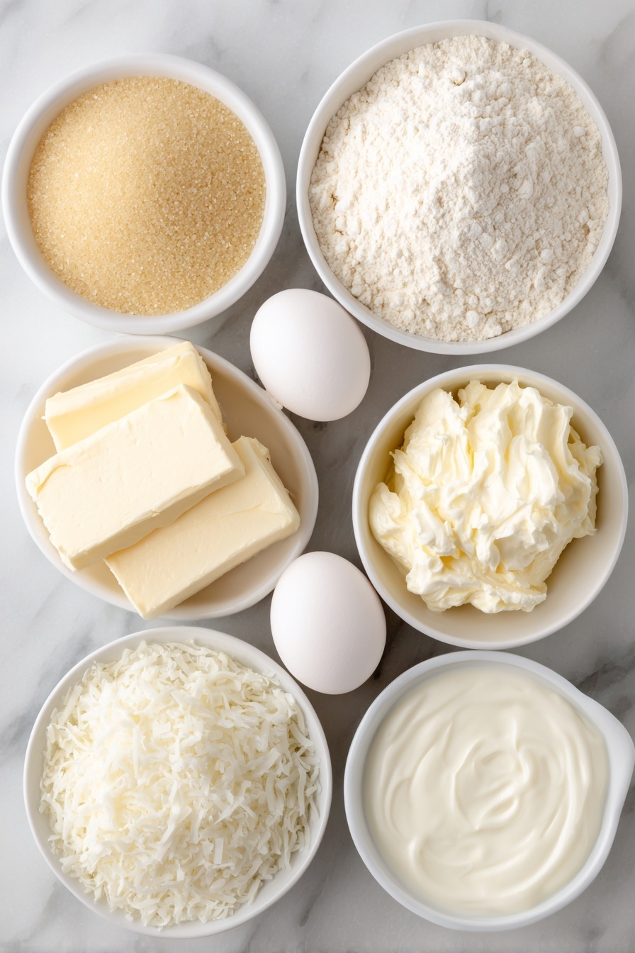 Flat lay of a small pile of golden granulated sugar, a few bright white whole eggs with clean shells, a small mound of finely ground almond flour, a neat heap of pure white powdered sugar, a small white ceramic bowl with glossy black royal icing, a smaller white bowl with thick yellow royal icing, a half cup of soft unsalted butter, a small white bowl with creamy pale vanilla extract, a small white bowl filled with shredded desiccated coconut, and a small white bowl containing smooth milk or heavy cream, all arranged in perfect symmetry on a clean white marble surface, soft natural light, photo taken with an iPhone, professional food photography style, fresh ingredients, white ceramic bowls, no bottles, no duplicates, no utensils, no packaging --ar 2:3 --v 7 --p m7354615311229779997 - Santa Claus Macarons, festive holiday macarons, Christmas macarons recipe, holiday dessert ideas, cute Santa macarons