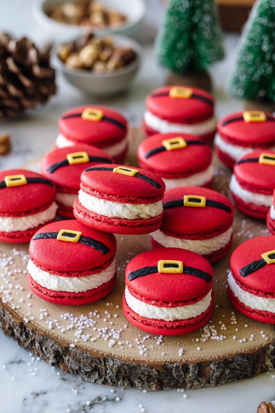 A group of round red macarons looks like Santa's suit, with a smooth bright red top and bottom, and a white creamy filling in the middle, creating two layers of red and one thick white layer between them. Each macaron is decorated with a thin black line across the top and a small square yellow buckle shape on the black line, making them look like Santa belts. They are stacked and spread on a round wooden slice with a bark edge, placed on a white marbled surface with small white sugar sprinkles scattered around. In the background, there are small green pine trees and a bowl with pine cones and nuts, adding a cozy holiday feel. photo taken with an iphone --ar 2:3 --v 7 - Santa Claus Macarons, festive holiday macarons, Christmas macarons recipe, holiday dessert ideas, cute Santa macarons