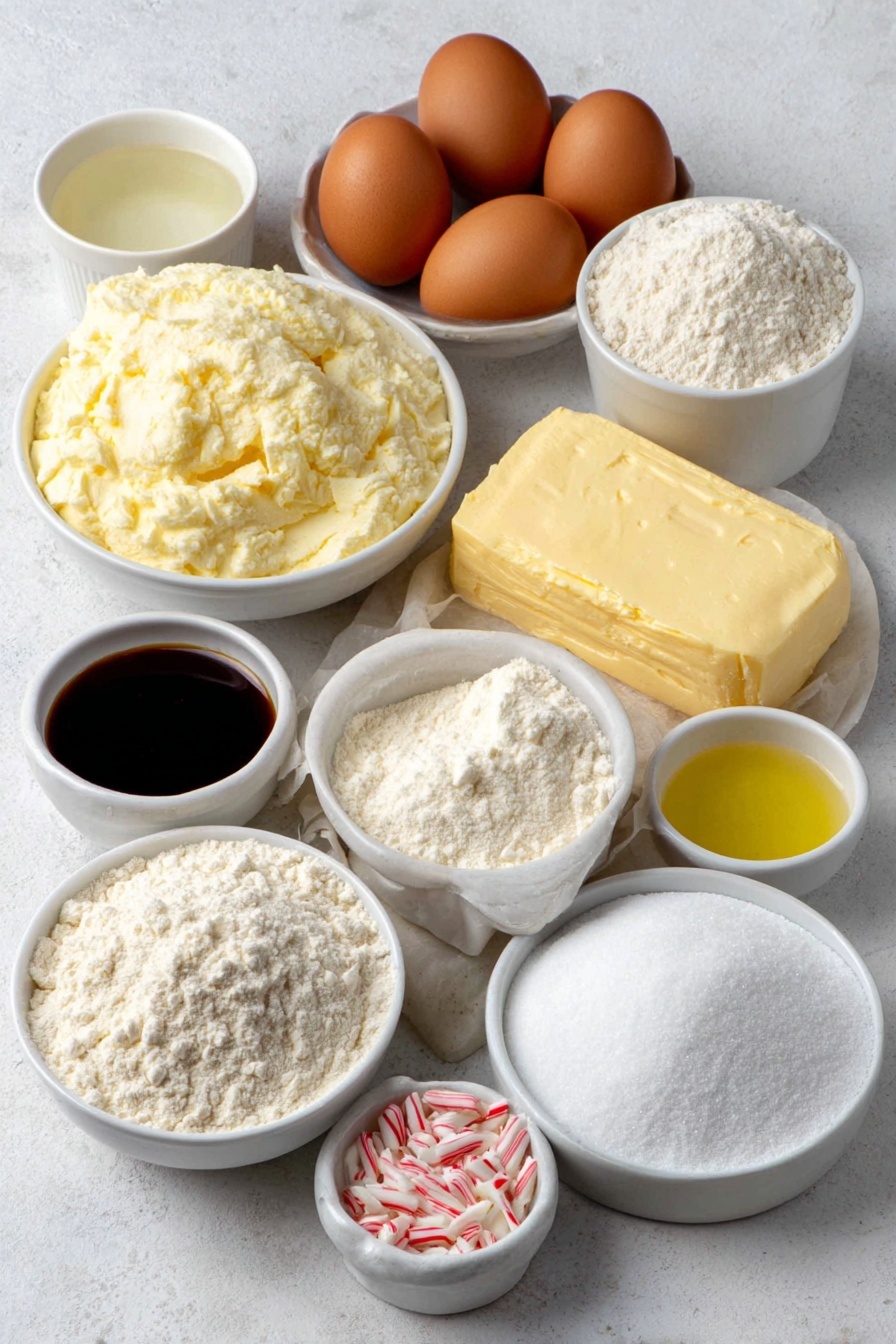 Flat lay of a small mound of white granulated sugar, a slab of softened pale yellow butter, two whole brown eggs with clean shells, a small white bowl of clear vanilla extract, a small white bowl of clear almond extract, a bright orange with a section of fresh orange zest, a generous heap of plain white flour, a small white bowl with white meringue powder, a small white bowl of water, a small white bowl with fresh lemon juice, a large pile of sifted powdered sugar, small white bowls with red, green, gold, and white gel food coloring, and a small white bowl with crushed red and white candy canes, all arranged symmetrically and balanced on a simple white ceramic surface, placed on a clean white marble surface, soft natural light, photo taken with an iPhone, professional food photography style, fresh ingredients, white ceramic bowls, no bottles, no duplicates, no utensils, no packaging --ar 2:3 --v 7 --p m7354615311229779997 - Twisted Christmas Cookie, festive holiday cookies, Christmas cookie ideas, holiday baking recipes, twisted sugar cookies