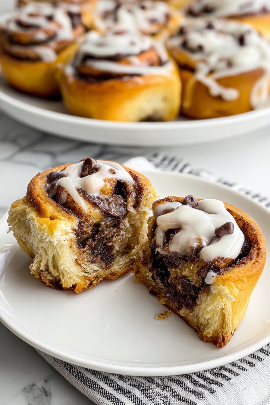The image shows a close-up of two cinnamon rolls on a white plate with one roll cut in half showing its inside with visible layers. The rolls have multiple layers of golden brown dough with dark brown cinnamon filling swirled inside. They are topped with white icing that is drizzled over them and small chocolate chips scattered on the icing. In the background, there is a white plate holding more cinnamon rolls that are perfectly formed with the same layers and toppings. The setting is on a white marbled surface with a striped cloth under the plates. photo taken with an iphone --ar 2:3 --v 7 - Chocolate Croissant Cinnamon Rolls, flaky chocolate croissant recipe, cinnamon roll pastry bake, chocolate-filled breakfast treat, easy cinnamon rolls with chocolate