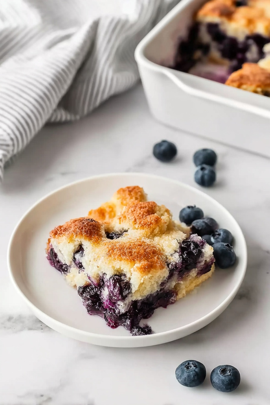 The image shows a white plate with a square piece of blueberry cobbler that has a golden brown, slightly crispy top layer with visible baked blueberries scattered throughout. The cobbler has a soft, light texture with a mix of pale yellow dough and deep purple blueberry filling peeking through. The plate sits on a white marbled surface with several fresh blueberries scattered around it. In the upper right corner, a white baking dish holds the remaining cobbler with a similar golden brown top layer and juicy blueberry filling visible on the edges. A light grey and white striped cloth is draped in the upper left corner. photo taken with an iphone --ar 2:3 --v 7 - Blueberry French Toast Casserole, easy breakfast casserole, make-ahead brunch recipe, blueberry breakfast bake, baked French toast with blueberries