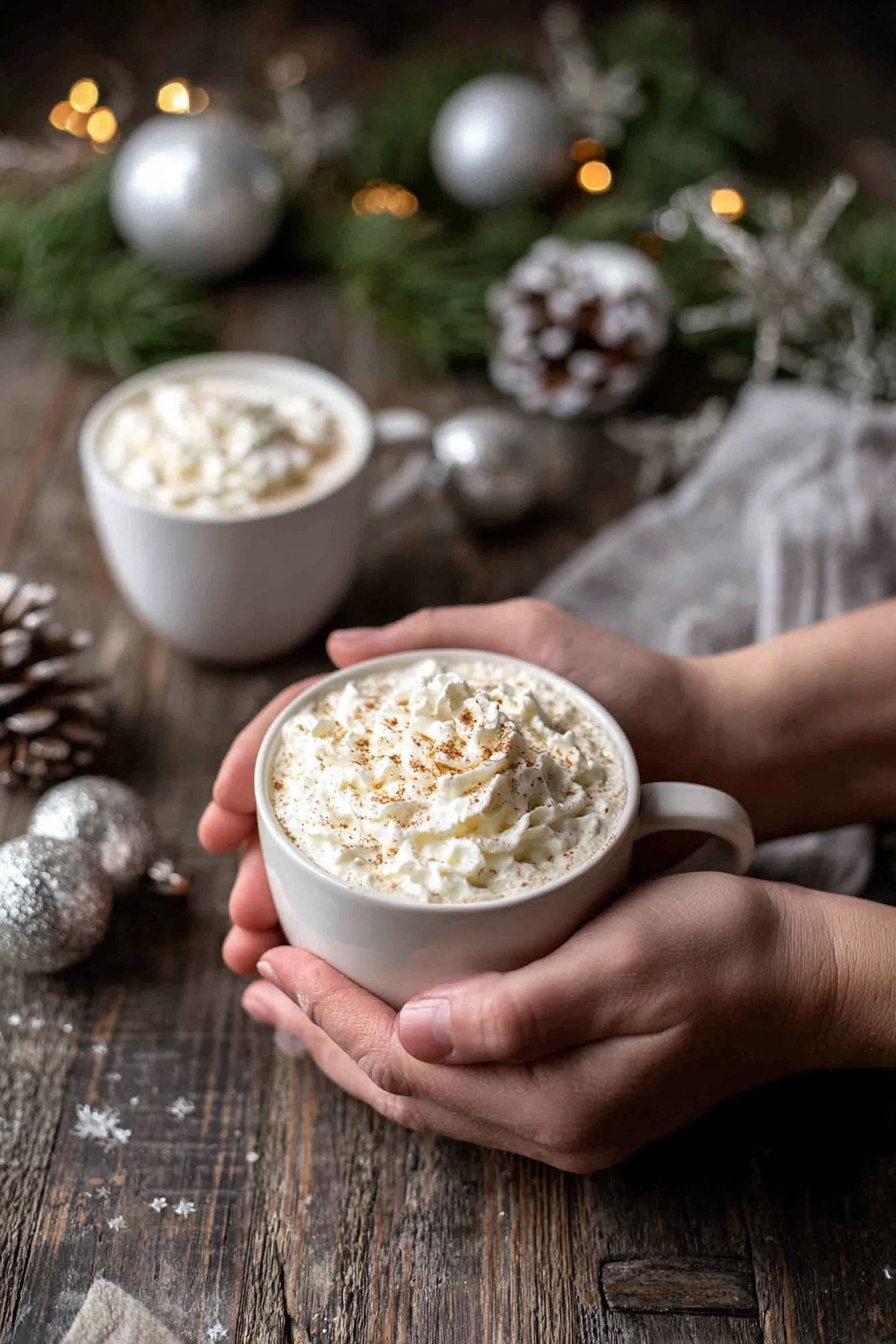 A white cup filled with a creamy drink topped with a thick layer of whipped cream and sprinkled with light brown spice sits in two woman's hands gently holding it from the sides. In the background, another white cup with the same whipped cream topping is placed on a rustic dark wooden surface. Around the cups, there are silver and white Christmas ornaments and green pine leaves with a pinecone, adding a festive touch. The setting is cozy and warm. photo taken with an iphone --ar 2:3 --v 7 - Eggnog Latte, holiday coffee drinks, festive latte recipe, creamy eggnog beverage, easy seasonal coffee