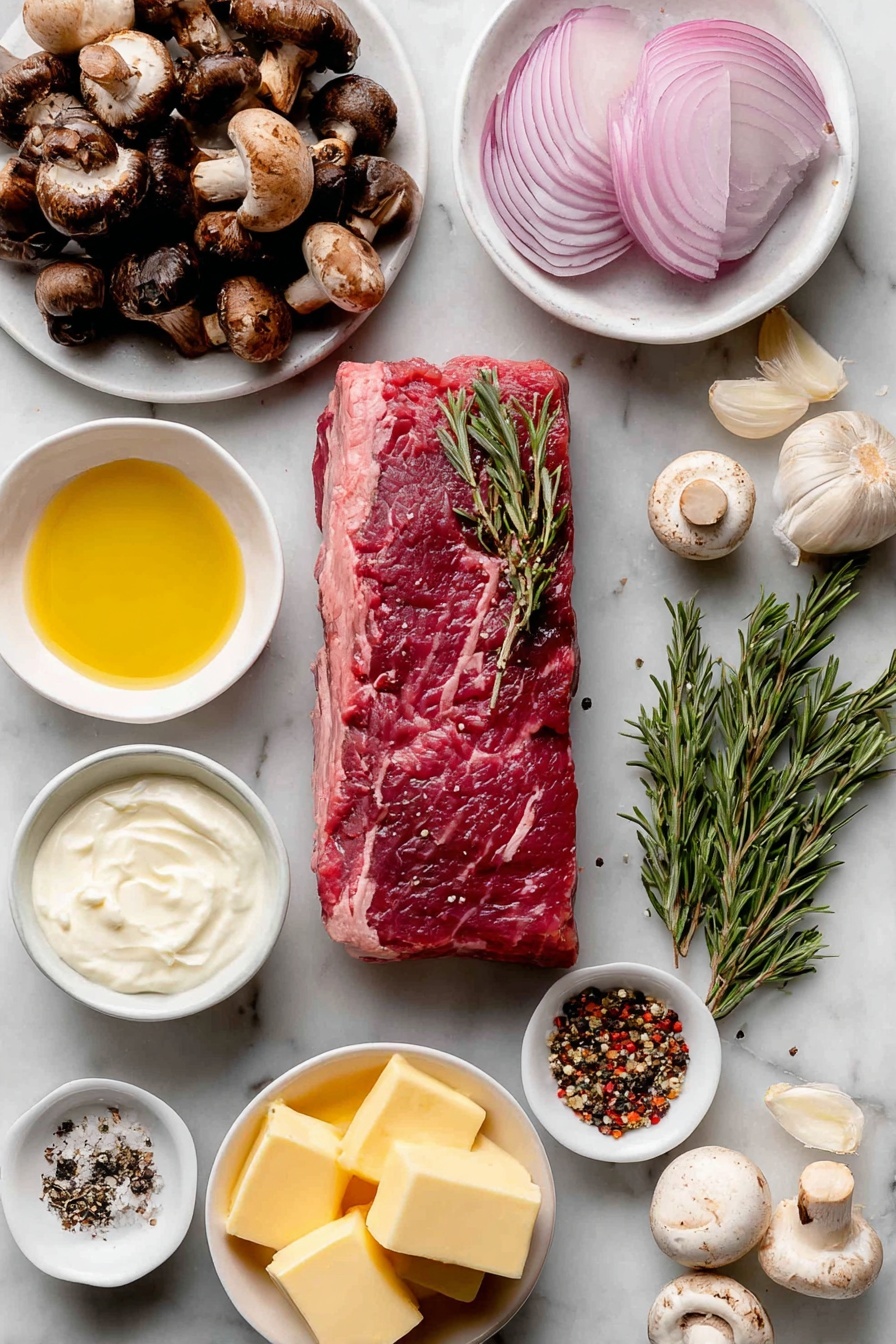 Flat lay of a raw beef tenderloin steak with a deep red color and marbling, fresh sprigs of green rosemary, three peeled garlic cloves, a small white bowl of golden extra virgin olive oil, a few thinly sliced pale purple shallots arranged neatly on a white ceramic plate, an assortment of fresh wild mushrooms torn into pieces showcasing various earthy tones, a small white bowl of smooth pale yellow salted butter, a small white bowl with creamy white heavy cream, a small white bowl filled with grated pale off-white parmesan cheese, a small white bowl containing dry white wine with a slight golden tint, and small piles of coarse kosher salt, freshly ground black pepper, and crushed red pepper flakes—all placed on a clean white marble surface, soft natural light, photo taken with an iPhone, professional food photography style, fresh ingredients, white ceramic bowls, no bottles, no duplicates, no utensils, no packaging --ar 2:3 --v 7 --p m7354615311229779997 - Rosemary Beef Tenderloin Mushroom Cream Sauce, beef tenderloin recipes, mushroom cream sauce, elegant dinner ideas, holiday beef main course