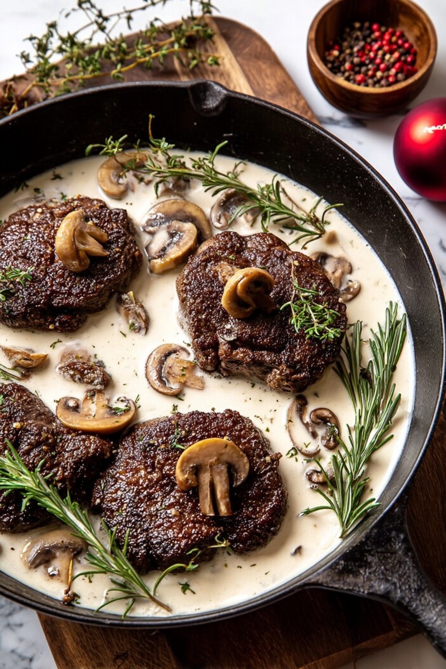 In the image, there is a black pan filled with three dark brown cooked meat pieces, slightly rough in texture, each topped with small golden-brown mushrooms. The pan is filled halfway with a smooth, creamy white sauce that surrounds the meat. Fresh green rosemary sprigs are placed on and around the meat pieces, adding a touch of color. Several mushroom slices float in the sauce, and there is coarse salt sprinkled lightly on the meat and sauce. The pan rests on a wooden board with a few red peppercorns in a small wooden bowl visible in the upper right corner, and a shiny red ornament sits in the lower right corner. The background is a white marbled surface. photo taken with an iphone --ar 2:3 --v 7 - Rosemary Beef Tenderloin Mushroom Cream Sauce, beef tenderloin recipes, mushroom cream sauce, elegant dinner ideas, holiday beef main course