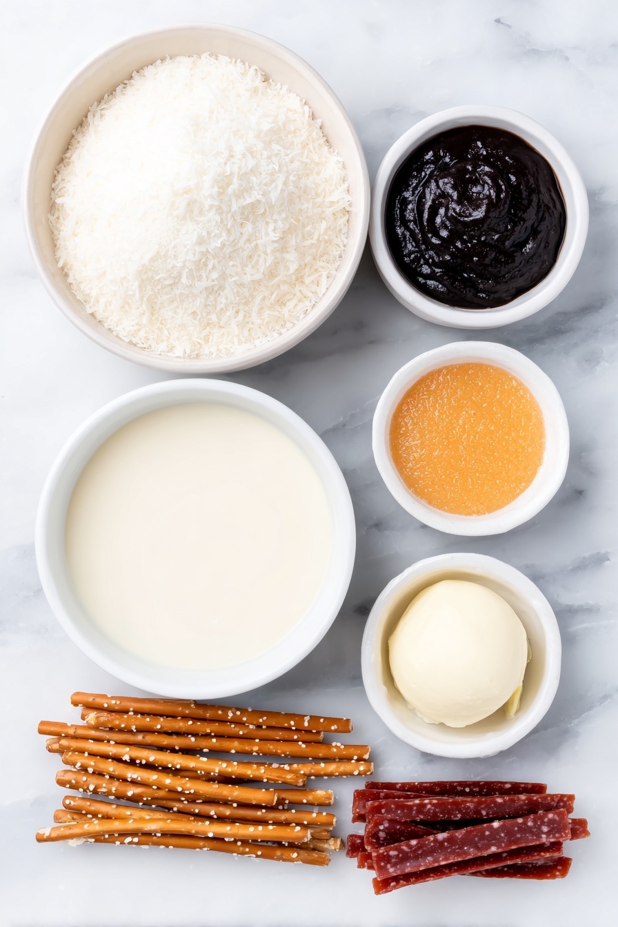 Flat lay of a large simple white ceramic bowl filled with fine shredded coconut, a small white ceramic bowl holding smooth dairy-free sweetened condensed milk, a small white ceramic bowl with melted vegan white chocolate, a small white ceramic bowl with glossy black icing, a small white ceramic bowl with bright orange icing, a neat bundle of thin golden pretzel sticks about 2 inches long, and a small pile of red candy straps each about 5 inches long, all arranged symmetrically and balanced, placed on a clean white marble surface, soft natural light, photo taken with an iPhone, professional food photography style, fresh ingredients, white ceramic bowls, no bottles, no duplicates, no utensils, no packaging --ar 2:3 --v 7 --p m7354615311229779997 - Vegan Coconut Snowman Truffles, vegan holiday treats, no-bake Christmas desserts, coconut snowman candies, vegan festive sweets