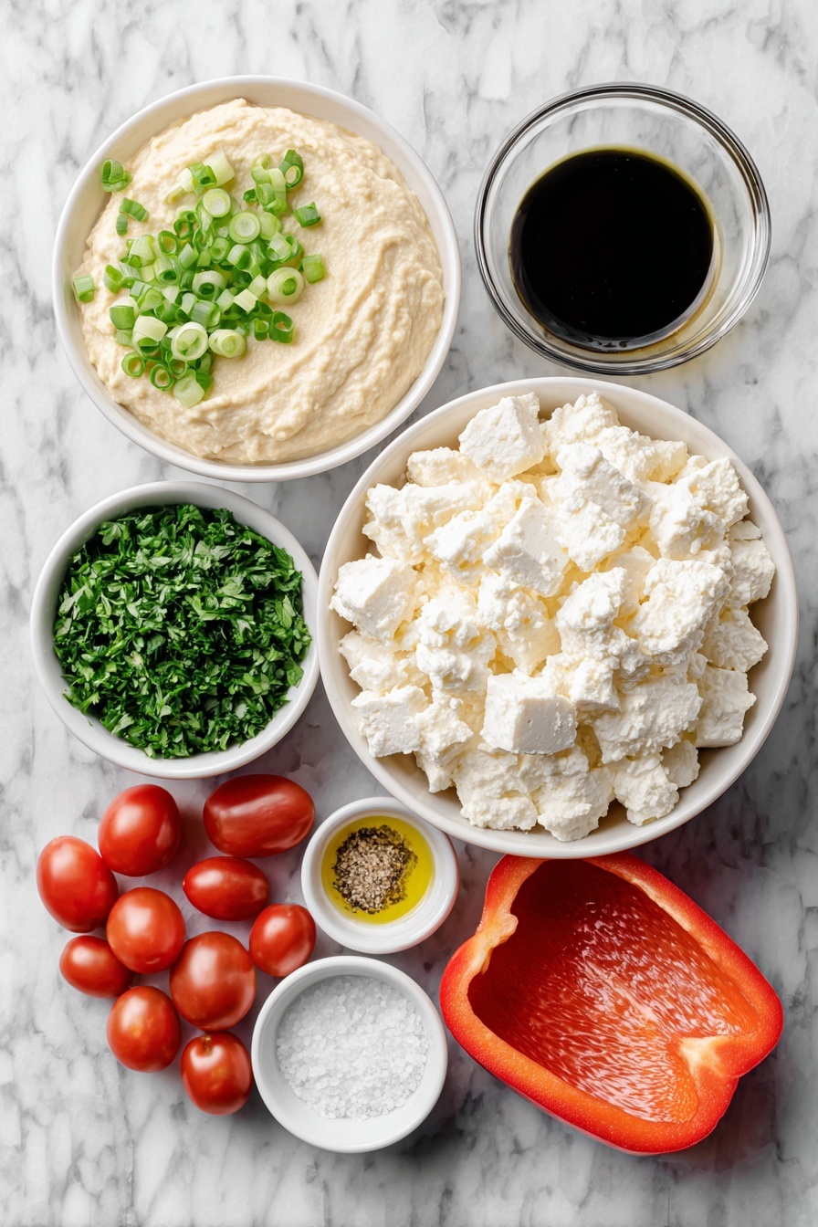 Flat lay of a small white ceramic bowl of smooth plain hummus, a small white ceramic bowl filled with crumbled reduced-fat feta cheese, a small white ceramic bowl with thinly sliced fresh green onions, a small white ceramic bowl heaped with chopped Italian flat-leaf parsley, a small white ceramic bowl holding clear extra virgin olive oil, a small white ceramic bowl with kosher salt, a cluster of halved glossy red cherry tomatoes, and a broad, flat side of a large bright red bell pepper slice placed flat, all arranged in perfect symmetry on a clean white marble surface, soft natural light, photo taken with an iPhone, professional food photography style, fresh ingredients, white ceramic bowls, no bottles, no duplicates, no utensils, no packaging --ar 2:3 --v 7 --p m7354615311229779997 - Christmas Hummus Wreath, festive appetizer, holiday party appetizer, easy Christmas appetizer, healthy holiday snack