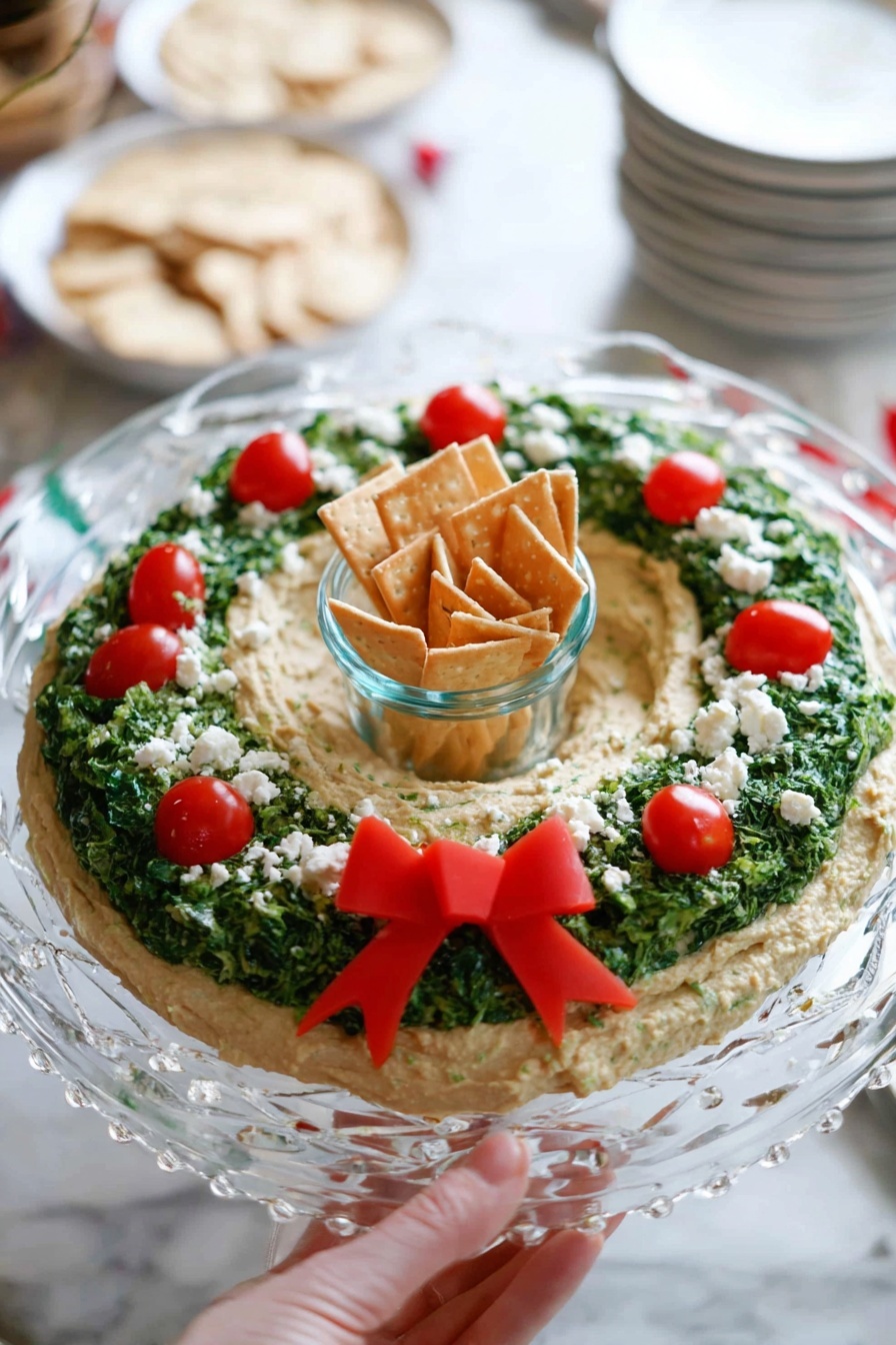 The image shows a circular ring of creamy beige hummus spread on a clear glass plate with a textured edge. The hummus forms the base layer with a hollow center, shaped like a wreath. On top of this, there is a layer of finely chopped dark green parsley arranged in a circular band, leaving the middle and outer edges of the hummus visible. Bright red cherry tomatoes are placed evenly around the wreath among the parsley. Small white crumbles of feta cheese are scattered over the parsley and tomatoes, adding texture and contrast. At the bottom of the wreath, there is a bow shape made from a smooth, vibrant red vegetable slice that stands out against the green and beige colors. In the background on a white marbled surface, there are beige pita chips scattered and some in a clear bowl. Photo taken with an iphone --ar 2:3 --v 7 - Christmas Hummus Wreath, festive appetizer, holiday party appetizer, easy Christmas appetizer, healthy holiday snack