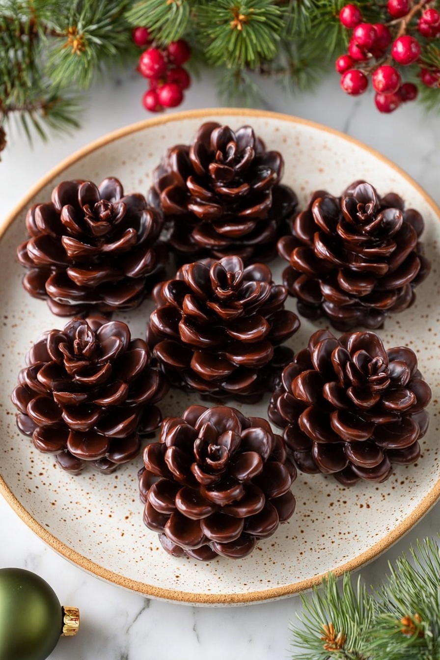 Seven chocolate treats shaped like pine cones are arranged on a white plate with brown speckles. Each pine cone has many small, curved layers that resemble pine cone scales, with a shiny dark brown color and a slightly lighter brown edge on each layer. The plate rests on a white marbled surface, and holiday decorations such as green pine branches, red berries, and a green ornament surround the plate. The scene is bright and festive, giving a cozy feeling. photo taken with an iphone --ar 2:3 --v 7 - Viral Pine Cone Brownie Cones, holiday dessert ideas, creative brownie treats, festive chocolate confections, pine cone dessert recipe