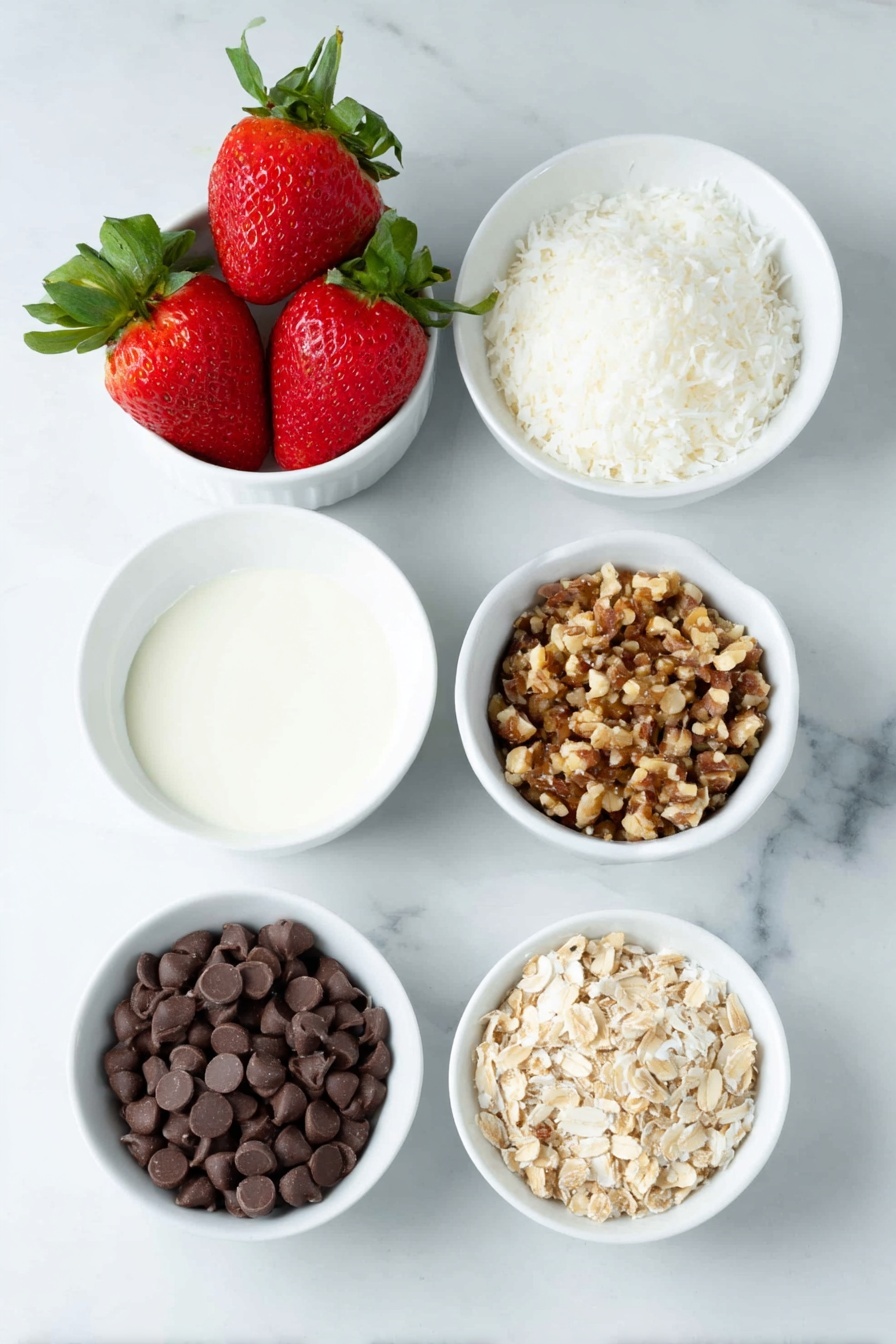 Flat lay of fresh strawberries with stems attached, a handful of smooth bittersweet chocolate baking chips in a small white ceramic bowl, another small white bowl filled with shredded coconut flakes, a small white bowl of crushed nuts, all arranged in perfect symmetry and balanced proportions, placed on a clean white marble surface, soft natural light, photo taken with an iPhone, professional food photography style, fresh ingredients, white ceramic bowls, no bottles, no duplicates, no utensils, no packaging --ar 2:3 --v 7 --p m7354615311229779997 - Chocolate Covered Strawberries for Christmas, festive holiday strawberries, Christmas dessert ideas, easy holiday treats, chocolate dipped strawberries