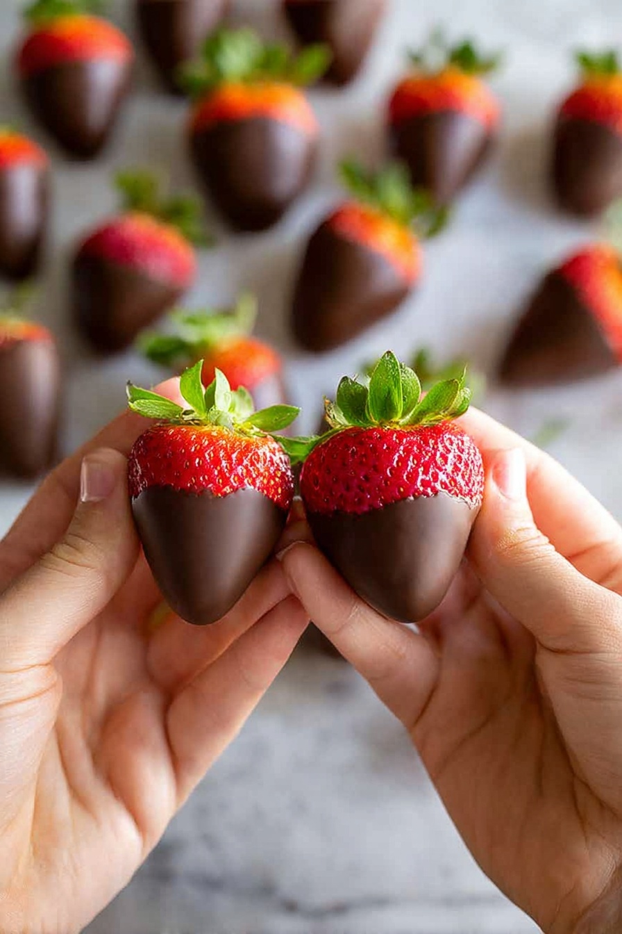 A pair of woman's hands hold two large strawberries that are half dipped in smooth, dark chocolate, showing bright red tops with green leaves while the chocolate covers the lower half with a shiny texture. In the blurred background, many more chocolate-covered strawberries are scattered on a white marbled surface, each with the same glossy dark chocolate layer and vibrant red upper part with green leaves visible. The focus is on the strawberries in the woman's hands, highlighting the contrast between the rich chocolate and the fresh fruit. photo taken with an iphone --ar 2:3 --v 7 - Chocolate Covered Strawberries for Christmas, festive holiday strawberries, Christmas dessert ideas, easy holiday treats, chocolate dipped strawberries