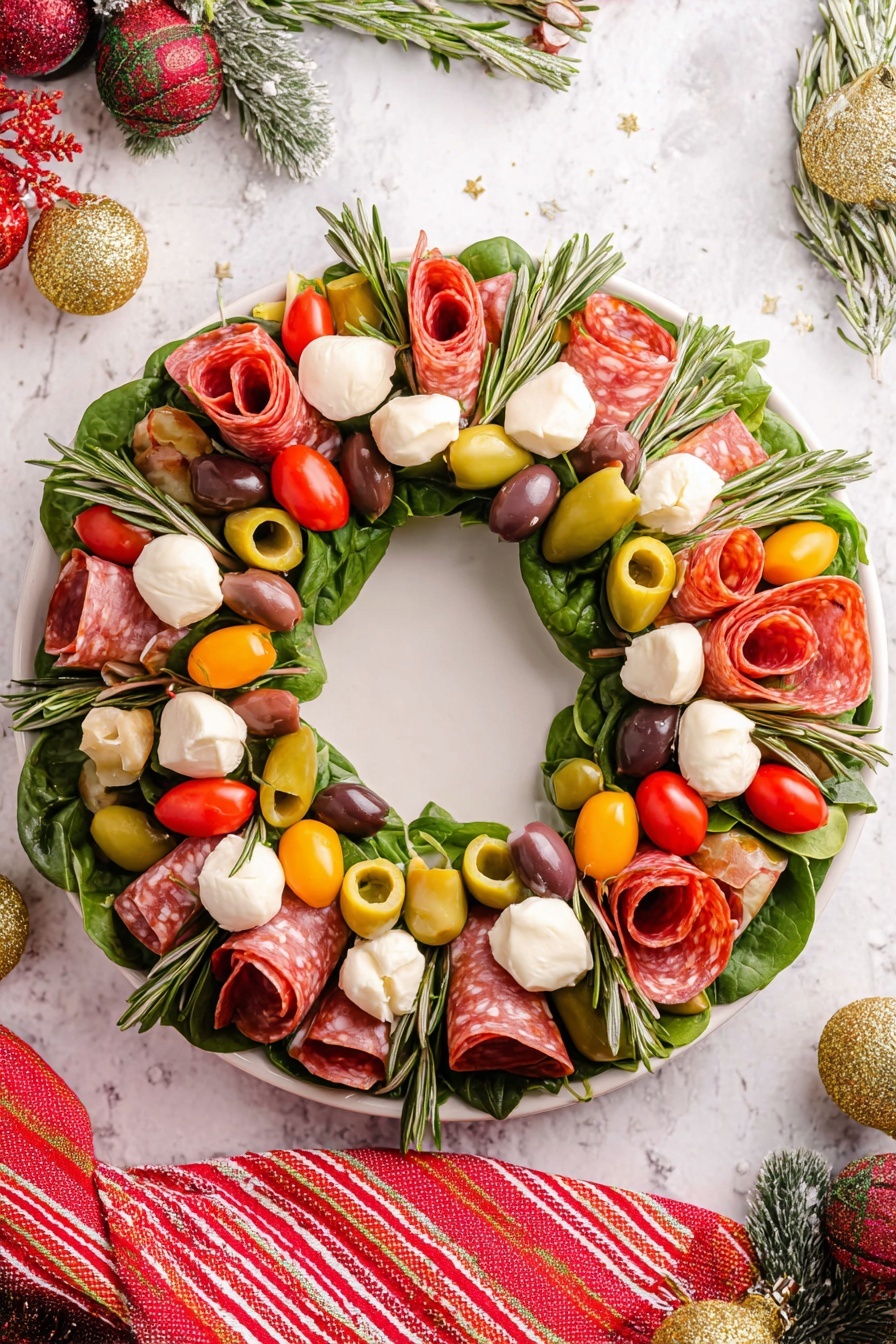 A white round plate holds a festive wreath made of several layers arranged in a circle. The base layer has green spinach leaves and rosemary sprigs sticking out evenly all around. On top, there are small white mozzarella balls, red cherry tomatoes, yellow pepperoncini, and light-colored artichoke hearts scattered evenly. Rolled slices of red salami and pepperoni form small cones or curls, placed regularly around the wreath. Green and black olives are tucked between the other ingredients. The whole arrangement sits on a white marbled surface with some holiday decorations and a red striped cloth nearby. photo taken with an iphone --ar 2:3 --v 7 - Antipasto Wreath, antipasto skewers, festive appetizer ideas, easy party appetizers, holiday antipasto platter