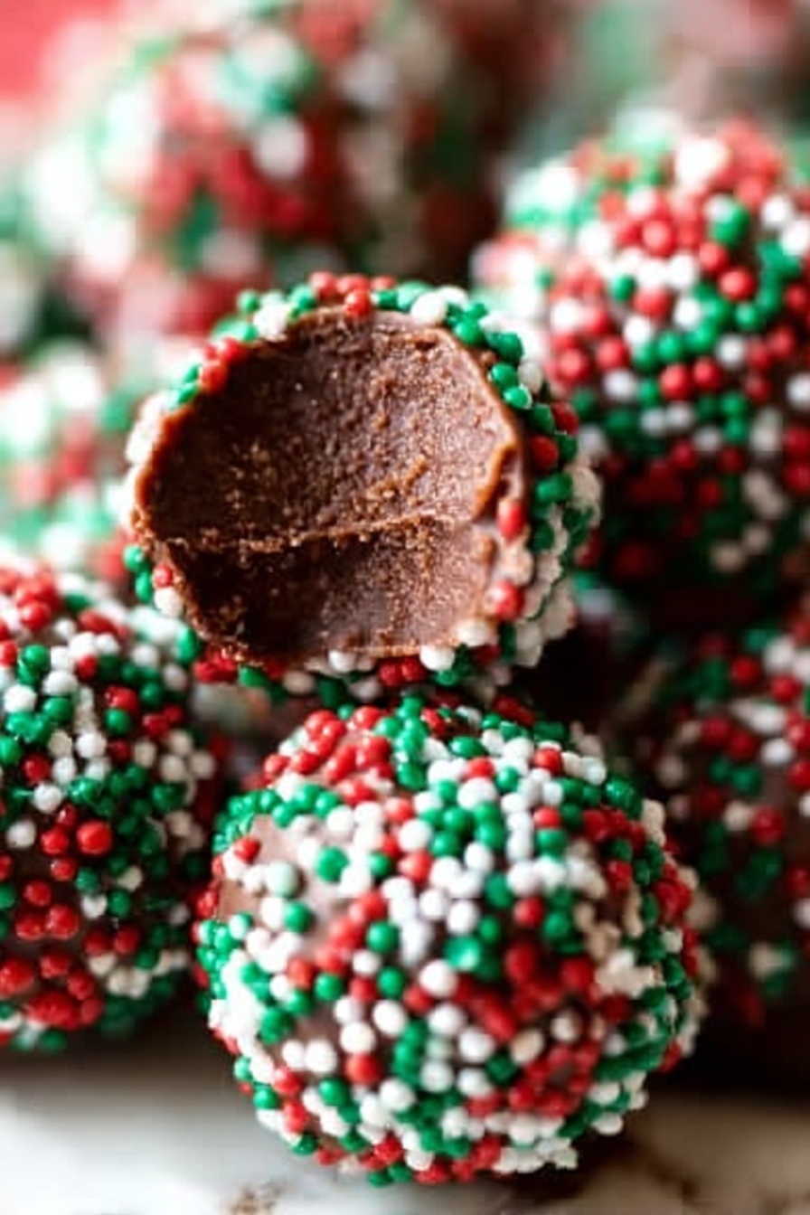 A close-up image features several round chocolate balls covered in small red, green, and white candy sprinkles arranged together on a white marbled surface. The front chocolate ball has a single bite taken out, showing a smooth and dense dark brown chocolate inside with a slightly textured surface from the bite mark. The colorful sprinkles have a matte, slightly rough texture contrasting with the glossy chocolate beneath. The background is softly blurred, focusing mainly on the detailed textures and colors of the chocolate balls. photo taken with an iphone --ar 2:3 --v 7 - Christmas Chocolate Truffles, festive chocolate treats, holiday dessert recipes, easy holiday truffles, no-bake chocolate sweets