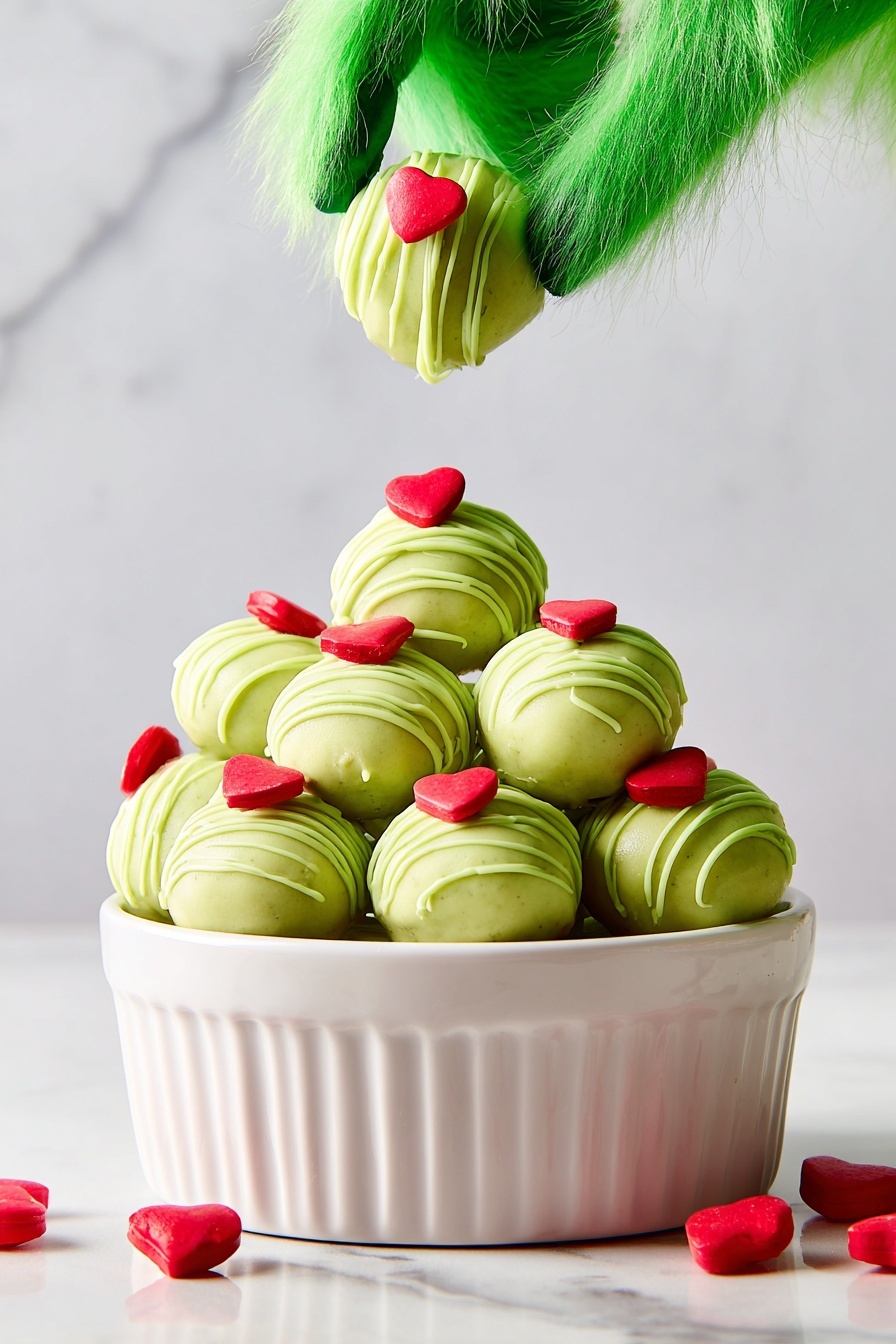 A pile of green round sweets covered with light green icing drizzles and each topped with a small red heart-shaped candy, stacked in a white, fluted-edged bowl sitting on a white marbled surface. Above the bowl, a green furry hand is holding one of the sweets, showing the front decorated side. A few small red heart-shaped candies are scattered on the surface near the bowl. The background is plain with a white marbled texture. photo taken with an iphone --ar 2:3 --v 7 - Grinchy Red Velvet Cake Bites, festive holiday cake treats, no-bake Christmas desserts, Christmas party finger foods, holiday red velvet sweets