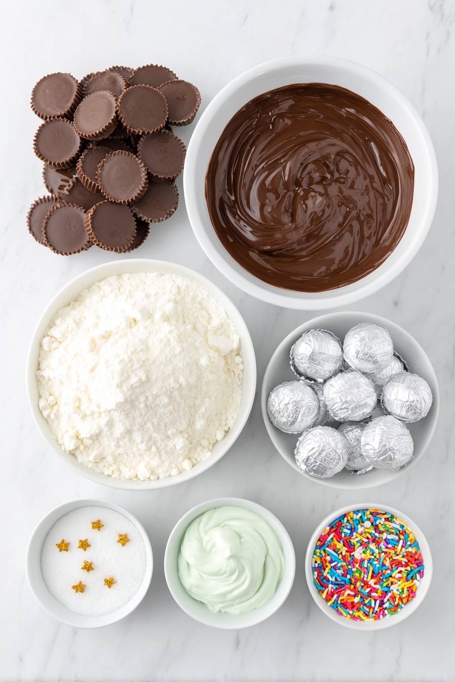 Flat lay of a small white ceramic bowl of glossy melted chocolate, a neat pile of unwrapped mini Reese’s peanut butter cups, a stack of unwrapped regular Reese’s peanut butter cups flipped upside down, a cluster of shiny silver Hershey’s kisses, small white ceramic bowls filled separately with white and green decorating icing, a small white ceramic bowl of mixed colorful sprinkles, a small white ceramic bowl with tiny gold star-shaped decorations, a small mound of fine white confectioners’ sugar dusted lightly nearby, all perfectly arranged symmetrically on a clean white marble surface, soft natural light, photo taken with an iPhone, professional food photography style, fresh ingredients, white ceramic bowls, no bottles, no duplicates, no utensils, no packaging --ar 2:3 --v 7 --p m7354615311229779997 - Reese’s Tree Christmas Candy, Christmas Candy Recipes, No Bake Christmas Treats, Holiday Candy Ideas, Easy Christmas Desserts