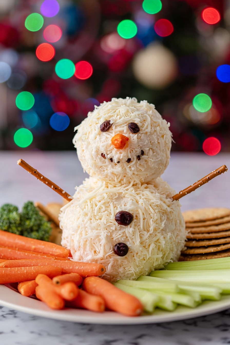 The dish shows a two-layer snowman made of shredded cheese balls. The bottom layer is a bigger round ball covered in light yellow shredded cheese, decorated with three dark raisins as buttons down the center front. The top layer is a smaller cheese ball on top, with two dark cloves for eyes, a small orange carrot piece for the nose, and a smile made from several cloves. On each side of the middle layer, there is a pretzel stick placed as arms. Around the snowman, there are fresh orange baby carrots, light green celery sticks, and round whole-grain crackers. The whole setup is on a white plate placed on a white marbled surface. Photo taken with an iphone --ar 2:3 --v 7 - Snowman Cheeseball, festive holiday appetizer, Christmas party cheese ball, cute snowman cheese ball recipe, easy holiday appetizers