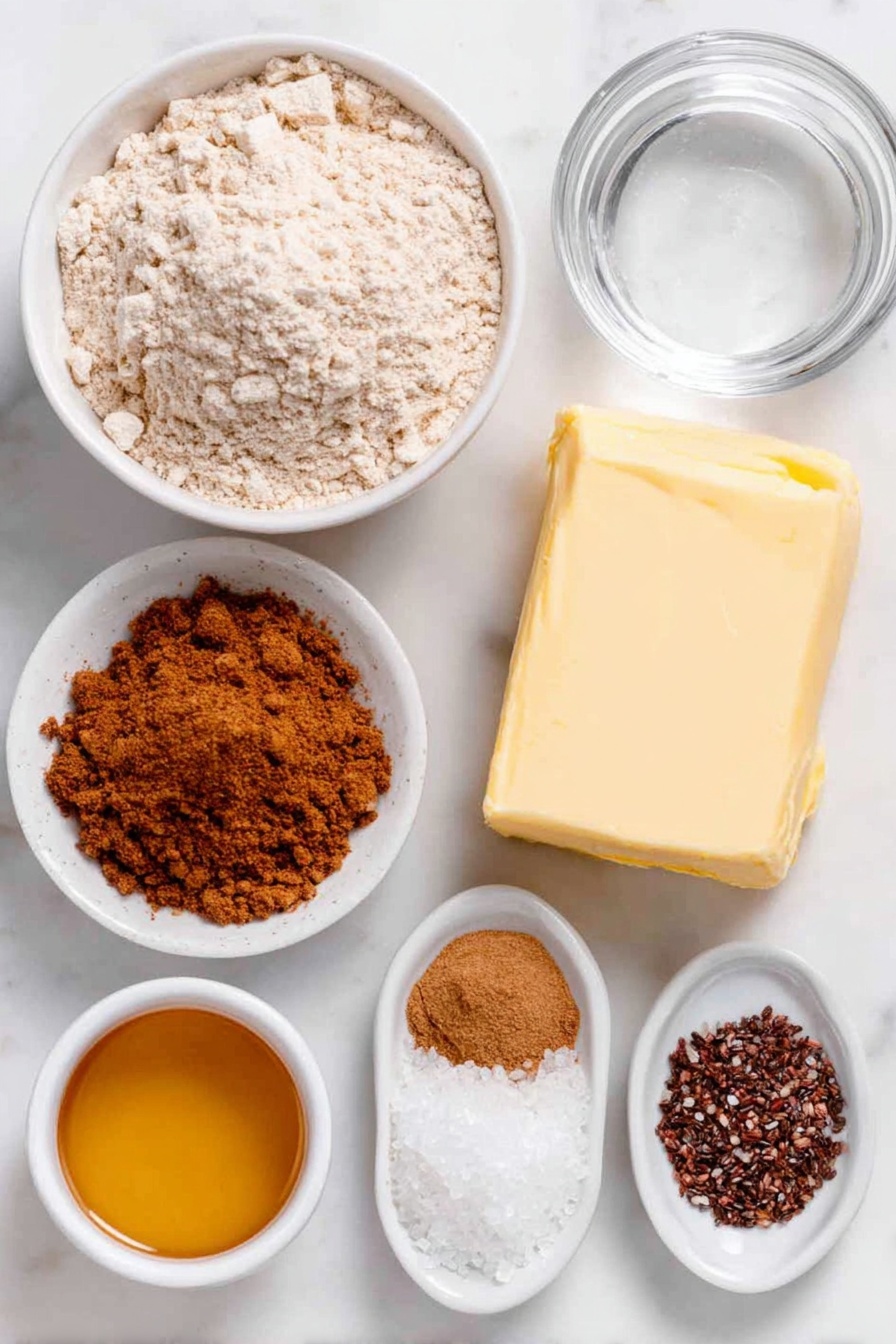 Flat lay of a small mound of light brown spelt flour dusted lightly around its edges, a chilled square block of pale yellow vegan butter, a small white ceramic bowl filled with golden maple syrup, another small white bowl containing coarse coconut sugar crystals, a tiny white bowl holding clear water, a neat pile of ground cinnamon powder, a small heap of ground ginger powder, a compact mound of warm brown ground nutmeg, a scattering of tiny dark chia seeds, a pinch of fine white baking soda powder, and a pinch of fine salt crystals, all arranged symmetrically on a clean white marble surface, soft natural light, photo taken with an iPhone, professional food photography style, fresh ingredients, white ceramic bowls, no bottles, no duplicates, no utensils, no packaging --ar 2:3 --v 7 --p m7354615311229779997 - Vegan Gingerbread Cookies, vegan gingerbread cookies, dairy-free gingerbread cookies, holiday vegan cookies, sugar-free gingerbread treats