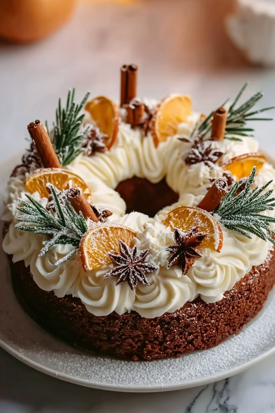 A round wreath-shaped cake sits on a white plate over a white marbled surface. The cake base is dark brown with a textured finish. On top, there is a thick ring of white cream piped in soft swirls covering the entire surface. The cream is decorated with orange slices that are slightly translucent, brown star anise pieces, whole cinnamon sticks, and green rosemary sprigs. A light dusting of powdered sugar is scattered mainly over the spices and rosemary, creating a snowy effect. The background is softly blurred with warm tones. photo taken with an iphone --ar 2:3 --v 7 - Spiced Gingerbread Wreath Cake, gingerbread festive cake, holiday wreath cake, gingerbread dessert recipe, seasonal gingerbread cake