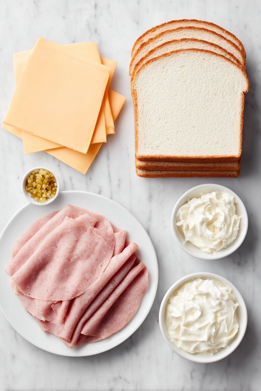 Flat lay of sixteen slices of fresh white crustless bread stacked neatly, eight slices of smooth yellow cheddar cheese, eight thin slices of pink deli ham with natural marbling, a few dollops of creamy mayonnaise served in a small white ceramic bowl, a small white ceramic bowl holding bright yellow mustard, all arranged symmetrically on a simple white ceramic plate and bowls, placed on a clean white marble surface, soft natural light, photo taken with an iPhone, professional food photography style, fresh ingredients, white ceramic bowls, no bottles, no duplicates, no utensils, no packaging --ar 2:3 --v 7 --p m7354615311229779997 - Christmas Tree Sandwiches, holiday sandwiches, festive snack ideas, kids' party snacks, Christmas appetizer recipes