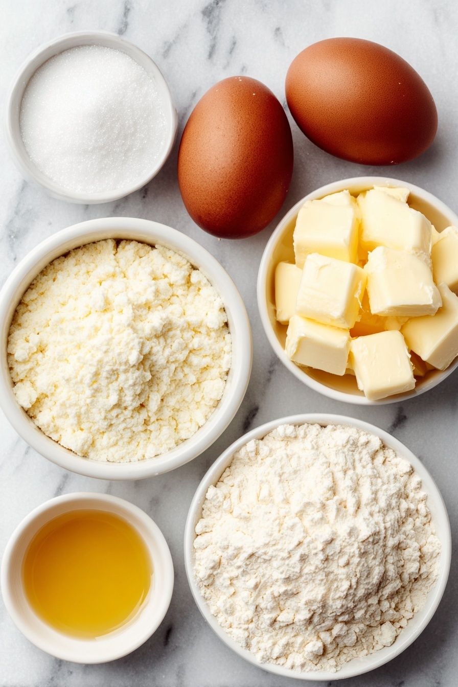 Flat lay of four whole uncracked brown eggs, a small white ceramic bowl filled with fine white powdered sugar, a small white ceramic bowl with pale beige cake flour, a tiny pinch of baking powder displayed as a small heap on white ceramic dish, and a small white ceramic bowl containing light golden vanilla extract liquid, placed on a clean white marble surface, soft natural light, photo taken with an iPhone, professional food photography style, fresh ingredients, white ceramic bowls, no bottles, no duplicates, no utensils, no packaging --ar 2:3 --v 7 --p m7354615311229779997 - Springerle Cookie, German Springerle Cookies, Anise-Flavored Cookies, Traditional German Cookies, Holiday Baking Cookies