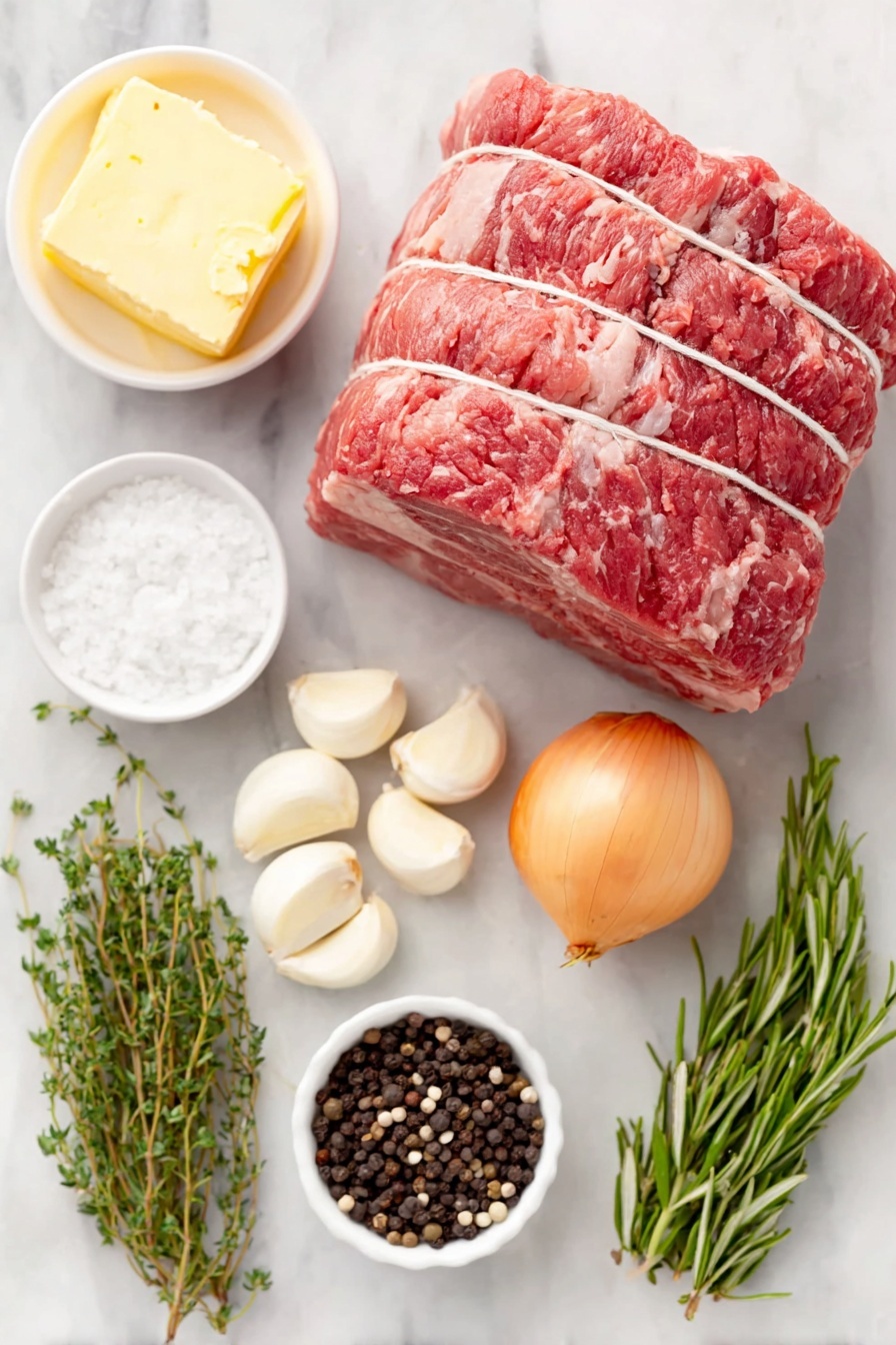 Flat lay of a fresh bone-in prime rib roast tied with kitchen twine, a small white ceramic bowl of softened butter, six peeled garlic cloves arranged neatly, a small white bowl filled with coarse kosher salt, a few sprigs of fresh thyme, a few sprigs of fresh rosemary, a small white bowl of freshly cracked black peppercorns, and a quartered yellow onion, all placed symmetrically on a clean white marble surface, soft natural light, photo taken with an iPhone, professional food photography style, fresh ingredients, white ceramic bowls, no bottles, no duplicates, no utensils, no packaging --ar 2:3 --v 7 --p m7354615311229779997 - Perfect Garlic Herb Prime Rib, garlic herb prime rib, roast beef recipe, holiday prime rib, juicy prime rib