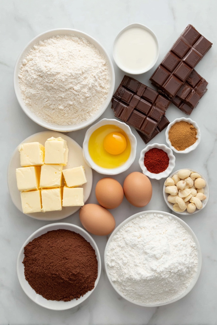 Flat lay of fresh cubed butter, plain white flour in a small white ceramic bowl, four whole uncracked brown eggs, full-fat milk in a small white ceramic bowl, six separate yellow egg yolks in a small white ceramic dish, a small white ceramic bowl of caster sugar, a small white ceramic bowl of cornflour, ground cinnamon and ground nutmeg each as small white ceramic bowls with fine brown and beige powders, a small white ceramic bowl of double cream, broken pieces of milk chocolate with a shiny surface, smooth white chocolate pieces, loose blanched hazelnuts with skins removed, and red food coloring paste in a tiny white ceramic bowl, all arranged in perfect symmetry on a simple white ceramic plate, placed on a clean white marble surface, soft natural light, photo taken with an iPhone, professional food photography style, fresh ingredients, white ceramic bowls, no bottles, no duplicates, no utensils, no packaging --ar 2:3 --v 7 --p m7354615311229779997 - Christmas Choux Wreath, festive dessert ideas, elegant holiday desserts, choux pastry wreath, Christmas pastry recipes