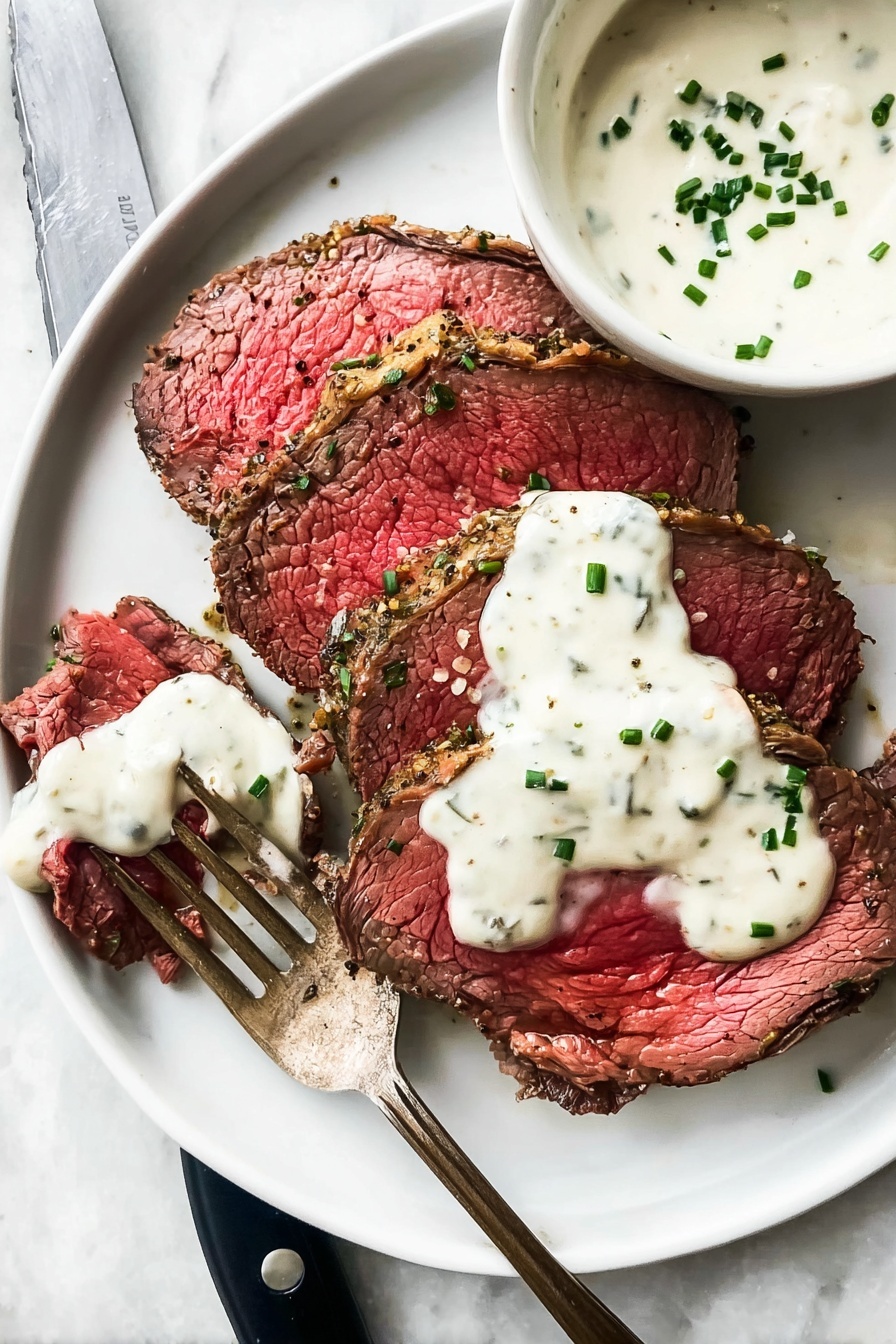 A white plate holds three thick slices of red, juicy cooked meat with a pepper and herb crust, arranged close together. Each slice shows a dark brown edge with a moist, tender pink center and is topped with a thick, creamy white sauce sprinkled with small green chive pieces. A fork with a piece of meat covered in sauce is placed at the bottom left on the plate, and a small white bowl with more creamy sauce and green chives is partially visible next to the meat. The plate rests on a white marbled surface with a black-handled knife nearby. photo taken with an iphone --ar 2:3 --v 7 - Herb Garlic Butter Beef Tenderloin, beef tenderloin roast, herb garlic butter steak, holiday beef centerpiece, easy beef tenderloin recipe
