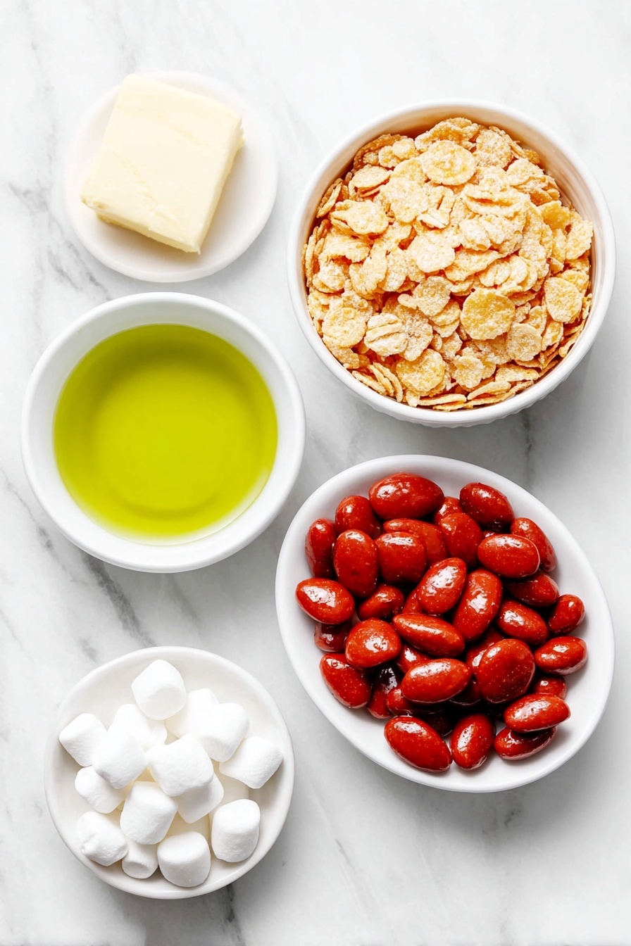 Flat lay of a small stack of golden cornflakes, a few mini white marshmallows scattered nearby, a small white ceramic bowl filled with melted golden butter, a few drops of vibrant green gel food coloring on a white ceramic dish, and a neat pile of small, bright red cinnamon candies arranged symmetrically, placed on a clean white marble surface, soft natural light, photo taken with an iPhone, professional food photography style, fresh ingredients, white ceramic bowls, no bottles, no duplicates, no utensils, no packaging --ar 2:3 --v 7 --p m7354615311229779997 - Green Cornflake Wreaths for Christmas, Christmas wreath treats, holiday cornflake recipes, festive Christmas snacks, easy Christmas baking ideas