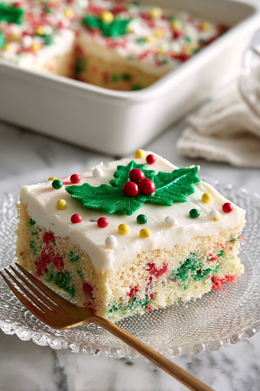 A single square piece of festive cake sits on a clear glass plate with a decorative edge, placed on a white marbled surface. The cake has two main layers; the bottom layer is a light, fluffy vanilla cake mixed with red and green sprinkles, creating a colorful speckled texture inside the cake. The top layer is a thick, smooth white frosting spread evenly, decorated with a large green holly leaf made of frosting with small red and yellow candy berries on it. Around the edges of the frosting top are red and green sprinkles mixed with tiny white frosting dots. In the background, a white baking pan holds the rest of the cake with a similar festive appearance. A gold fork lies next to the plate on the white marble surface. photo taken with an iphone --ar 2:3 --v 7 - Festive Christmas Sheet Cake with Green Frosting, Christmas holiday cake, colorful holiday dessert, easy Christmas sheet cake, green frosting cake