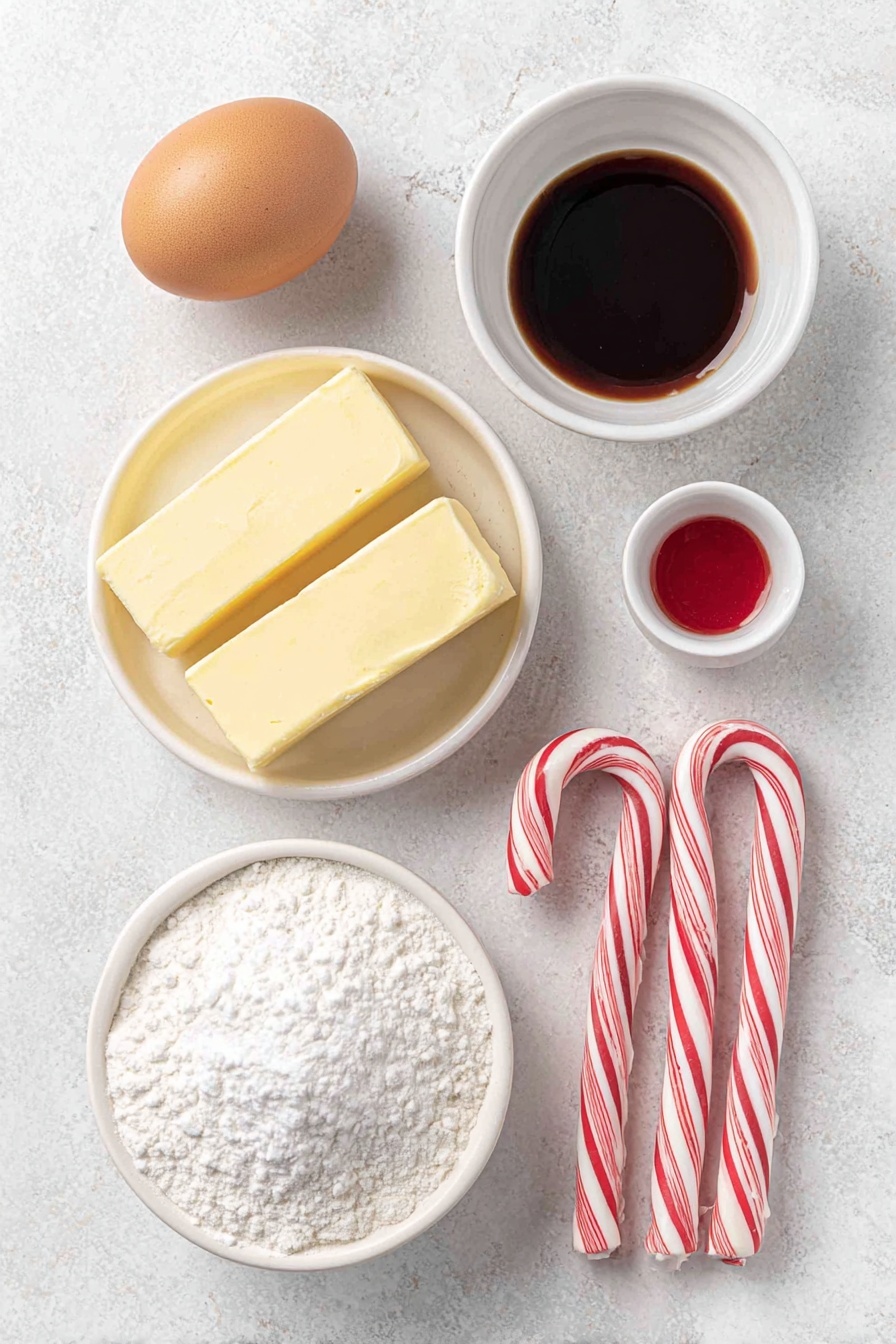 Flat lay of two sticks of salted butter, a small white bowl filled with powdered sugar, one large whole brown egg with a clean shell, a small white bowl holding clear vanilla extract, a small white bowl with peppermint extract, a white ceramic bowl heaped with all-purpose flour, a small white bowl containing vibrant red liquid food coloring, and three fresh unbroken candy canes placed side by side, all arranged symmetrically in balanced proportions, placed on a clean white marble surface, soft natural light, photo taken with an iPhone, professional food photography style, fresh ingredients, white ceramic bowls, no bottles, no duplicates, no utensils, no packaging --ar 2:3 --v 7 --p m7354615311229779997 - Peppermint Candy Cane Cookies, festive holiday cookies, Christmas cookie recipes, peppermint holiday treats, easy candy cane cookies