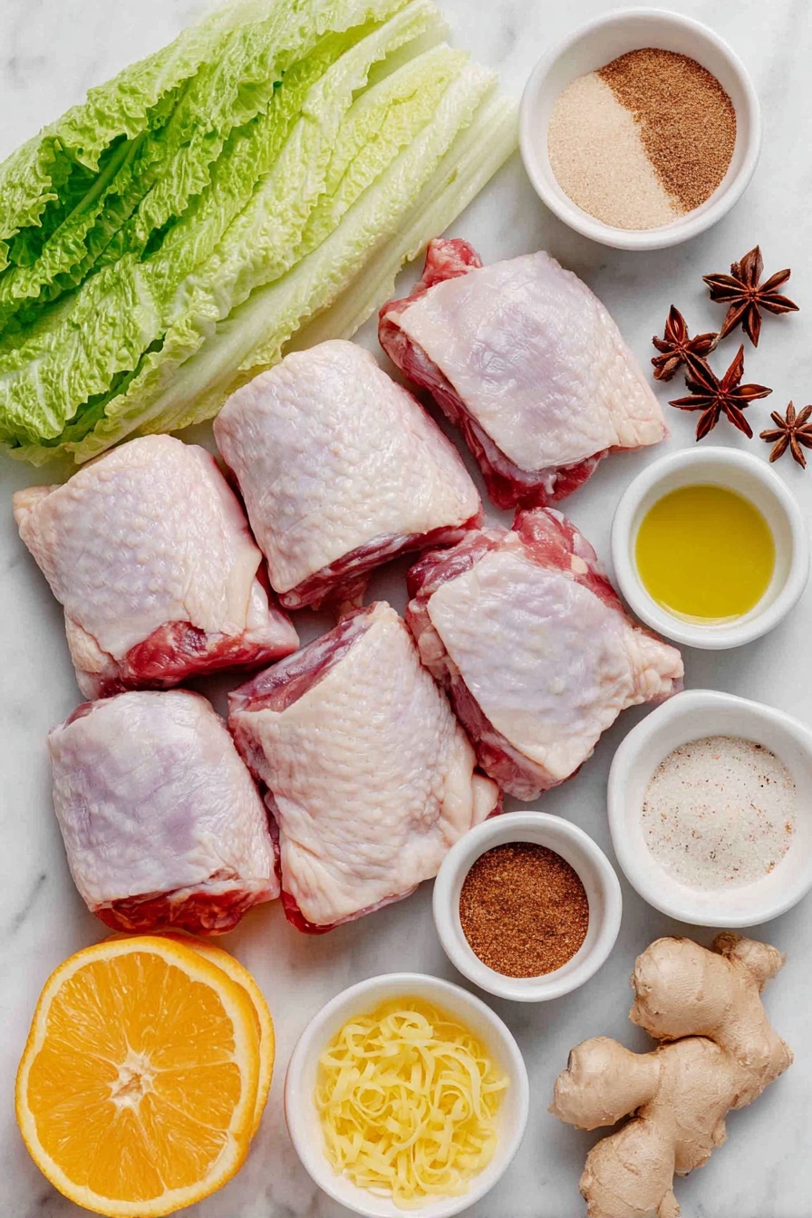 Flat lay of raw bone-in, skin-on chicken thighs and drumsticks arranged neatly, a small white bowl of bright orange zest curls, a small white bowl filled with fresh orange juice, another small white bowl with pale amber cider vinegar, a small white bowl of packed light brown sugar, a small white bowl of smooth Dijon mustard, a small white bowl holding golden olive oil, a small white bowl with fine ground cinnamon powder, a small white bowl with ground allspice, a small white bowl containing ground ginger, two whole star anise pods placed side by side, a small white bowl of coarse salt, a small white bowl with freshly ground black pepper, a few fresh endive and watercress leaves artistically spread out, and two whole fresh oranges cut into halves and wedges evenly spaced, all placed on a clean white marble surface, soft natural light, photo taken with an iPhone, professional food photography style, fresh ingredients, white ceramic bowls, no bottles, no duplicates, no utensils, no packaging --ar 2:3 --v 7 --p m7354615311229779997 - Sticky Orange Glazed Chicken Thighs, orange glazed chicken recipe, sweet and savory chicken thighs, easy chicken glaze recipe, flavorful chicken dinner