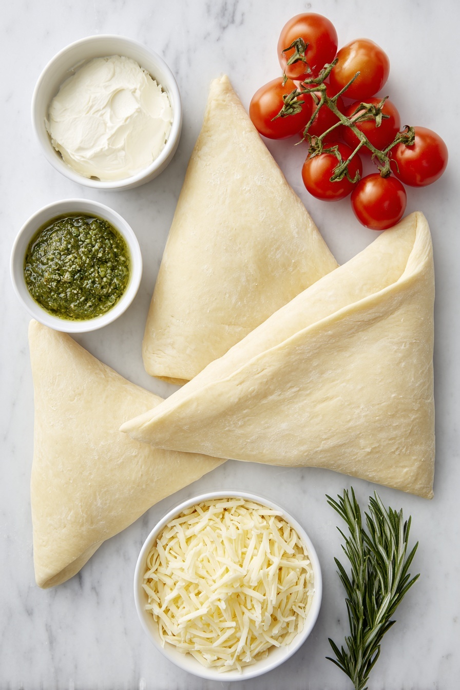 Flat lay of two unrolled sheets of pale crescent roll dough triangles, a small white ceramic bowl with softened cream cheese, a small white ceramic bowl filled with shredded white mozzarella cheese, a small white ceramic bowl holding bright green basil pesto, fresh green rosemary sprigs, and a handful of glossy red cherry tomatoes, all arranged in balanced symmetry on a clean white marble surface, soft natural light, photo taken with an iPhone, professional food photography style, fresh ingredients, white ceramic bowls, no bottles, no duplicates, no utensils, no packaging --ar 2:3 --v 7 --p m7354615311229779997 - Cheesy Pesto Wreath, easy pesto appetizer, savory puff pastry appetizer, party dip ideas, cheese and pesto bites